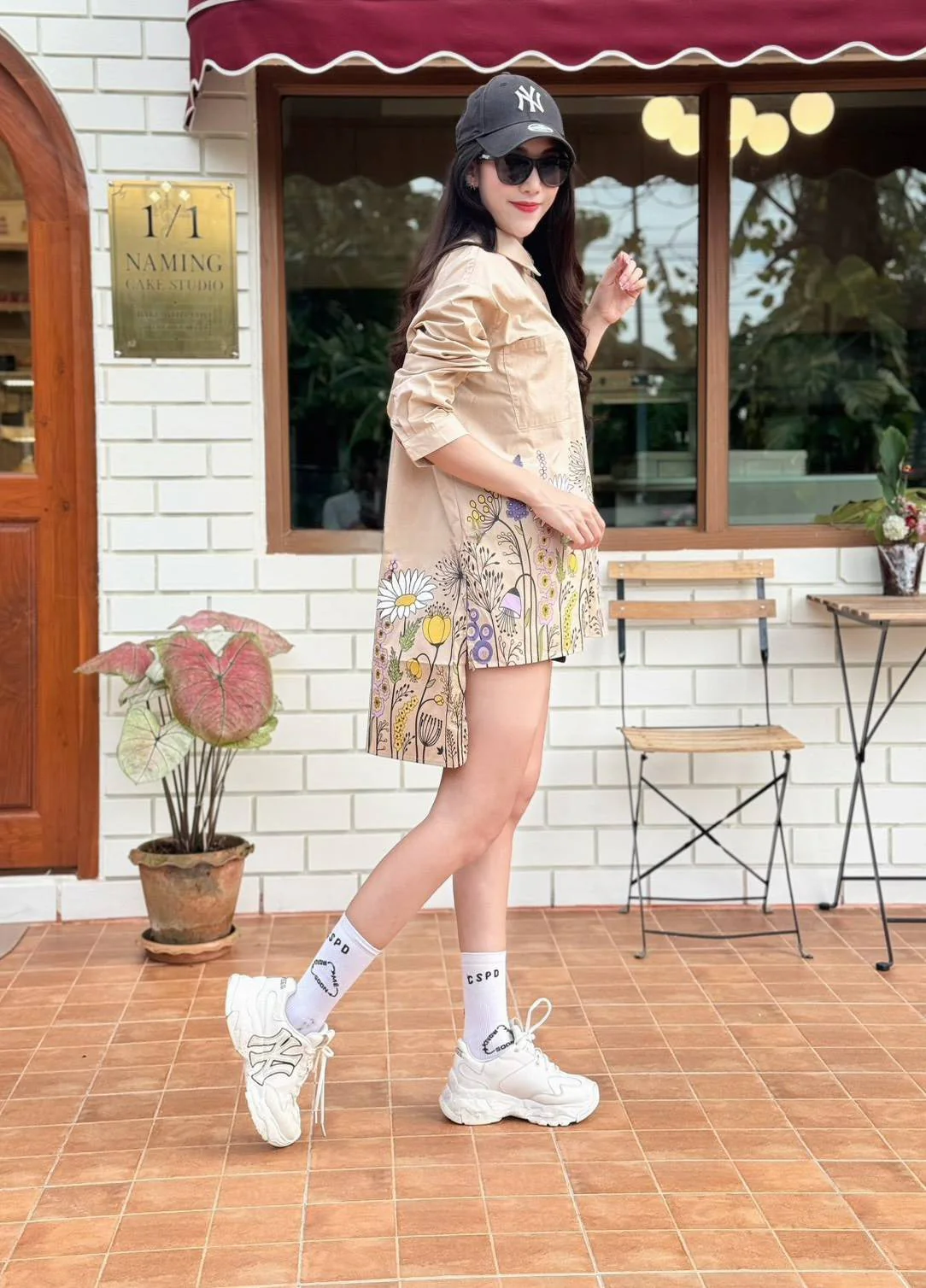 Khaki Beige Wildflower Meadow Cotton Shirt Dress - Image 4