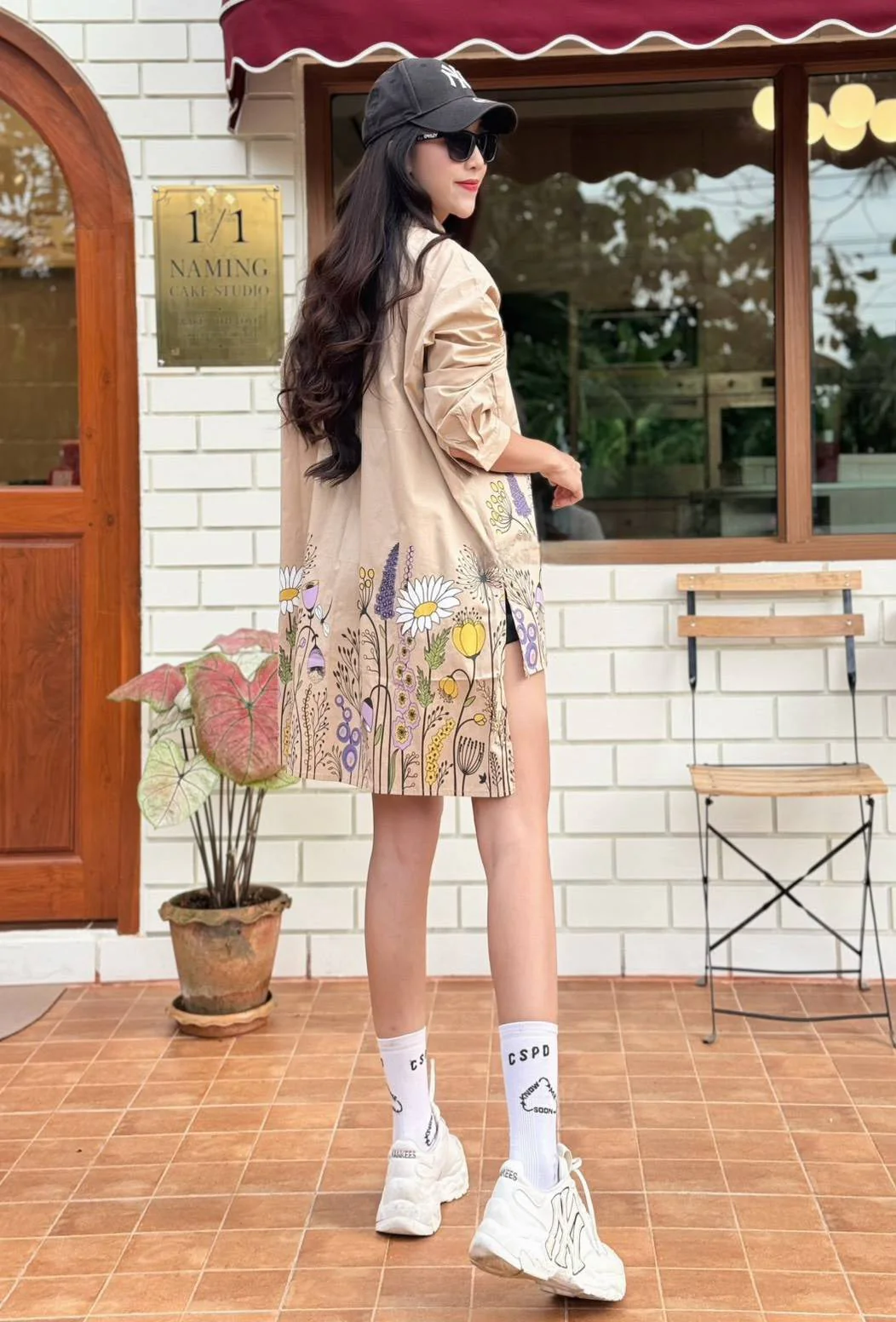 Khaki Beige Wildflower Meadow Cotton Shirt Dress - Image 5