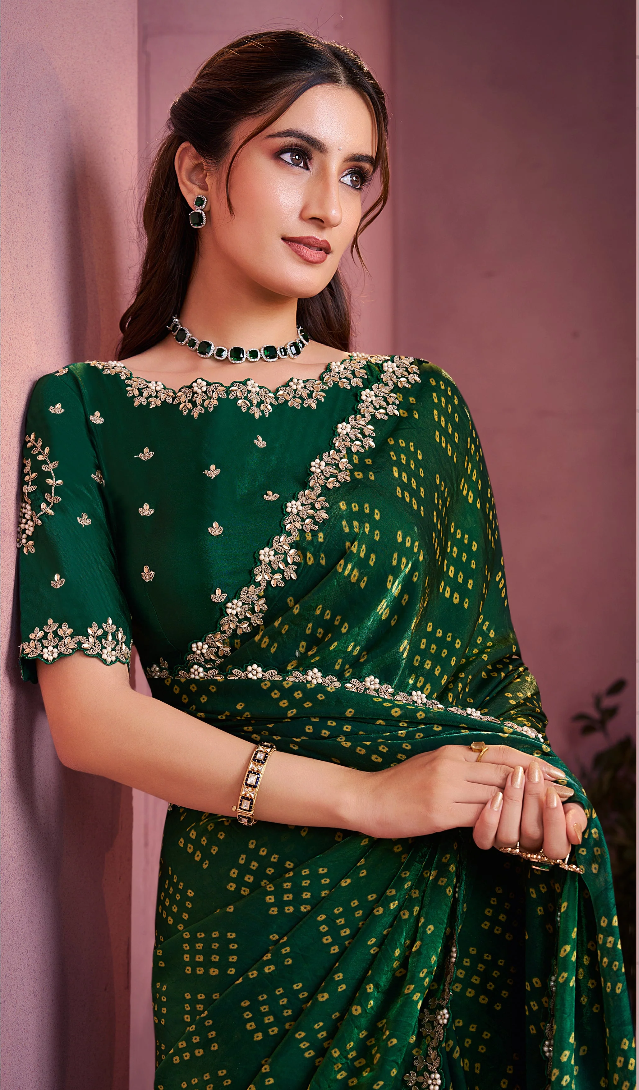 Bottle Green Bandhej Printed Satin Silk Saree - Image 2