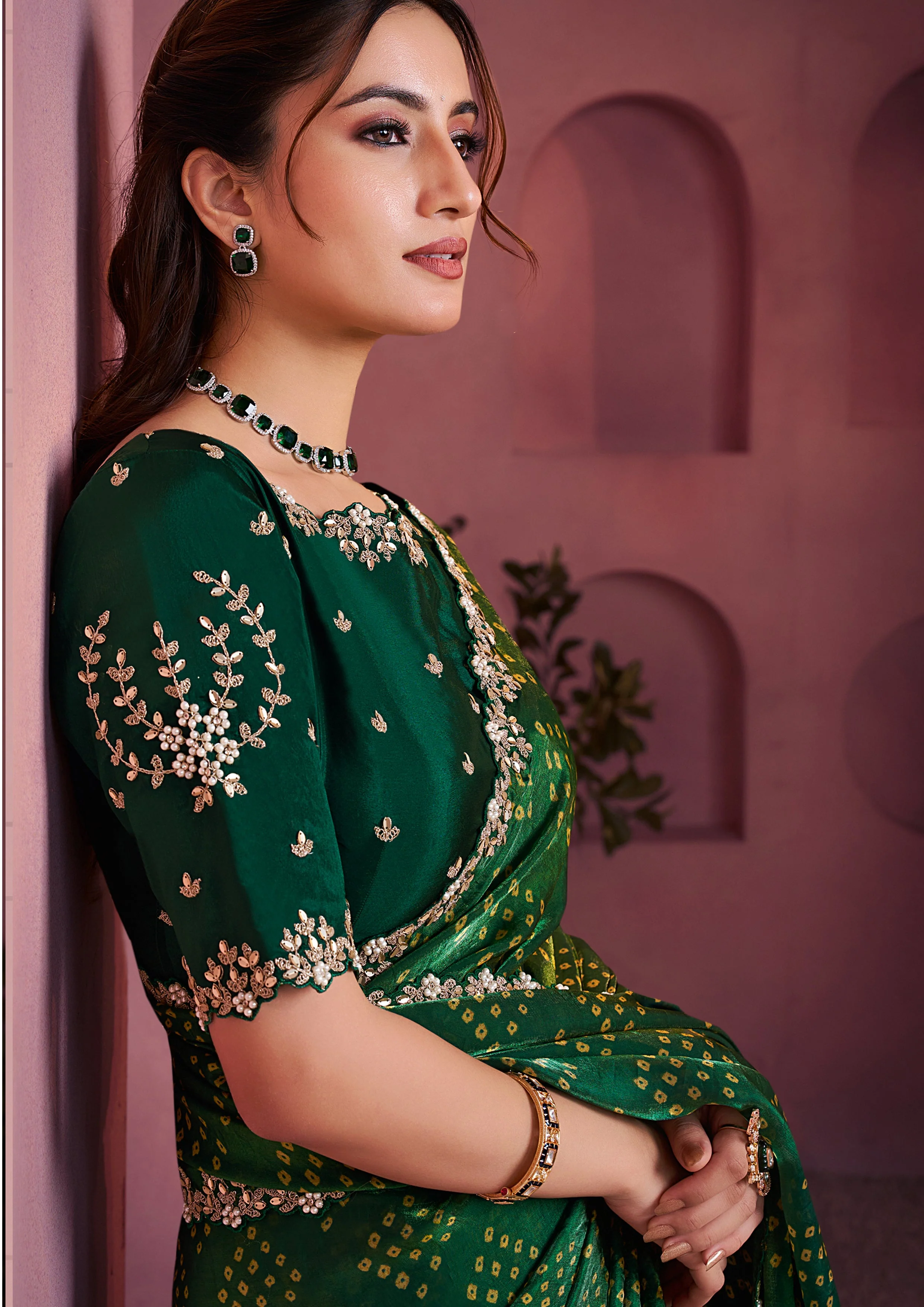 Bottle Green Bandhej Printed Satin Silk Saree - Image 3