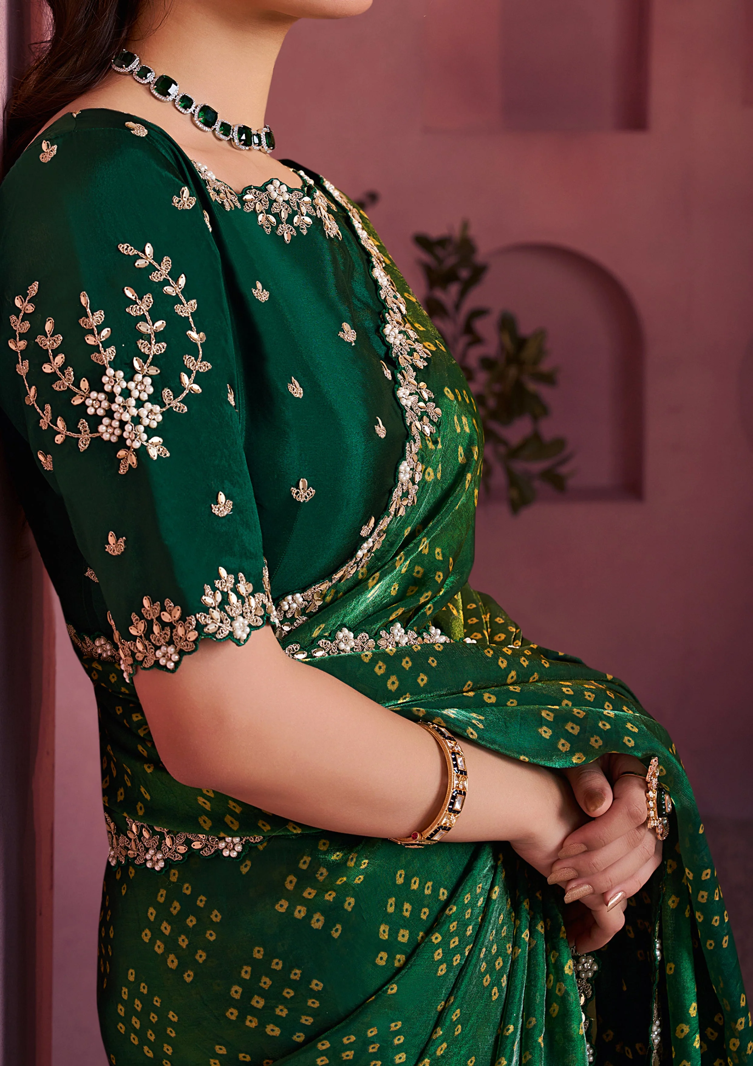 Bottle Green Bandhej Printed Satin Silk Saree - Image 4