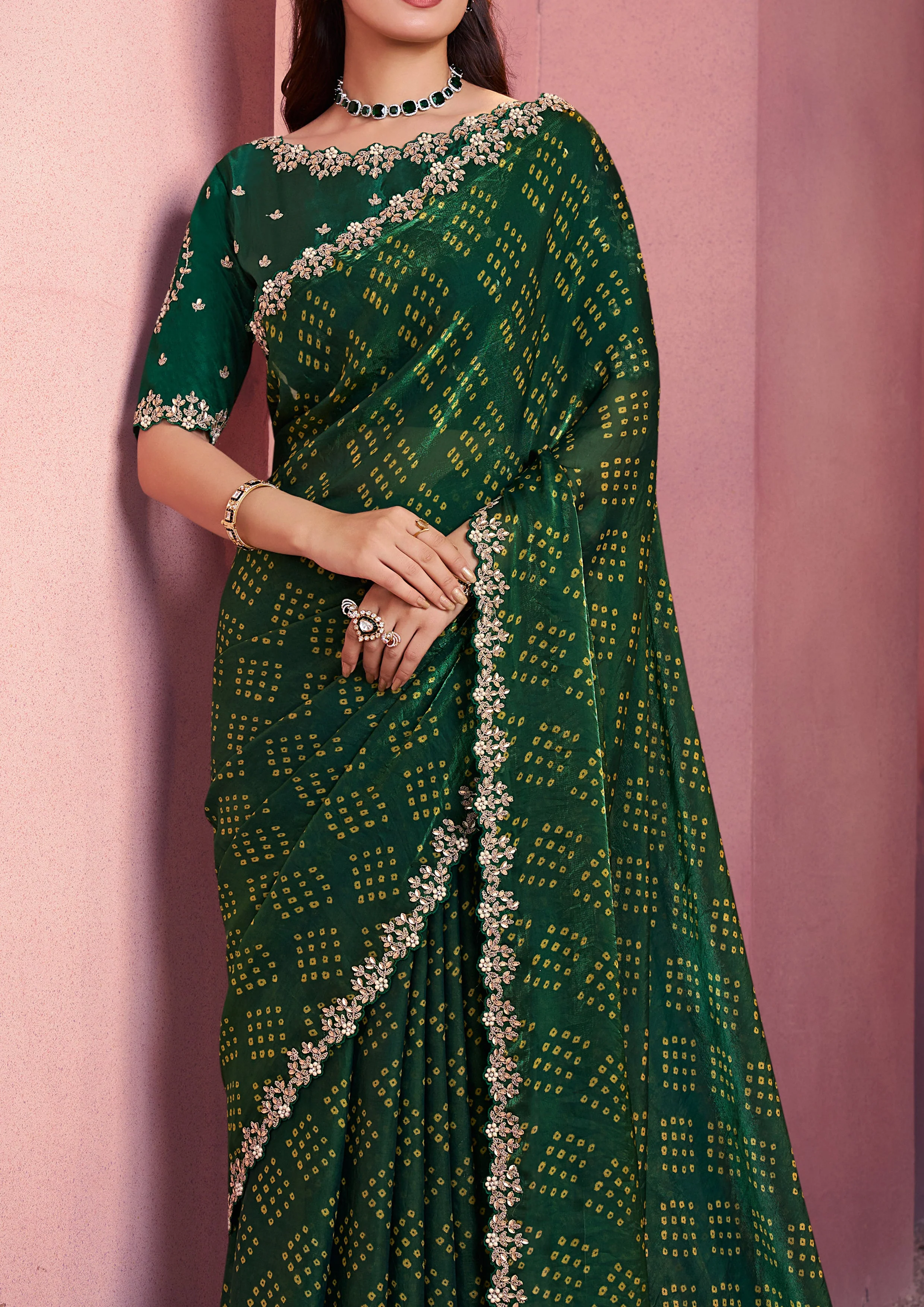 Bottle Green Bandhej Printed Satin Silk Saree - Image 5