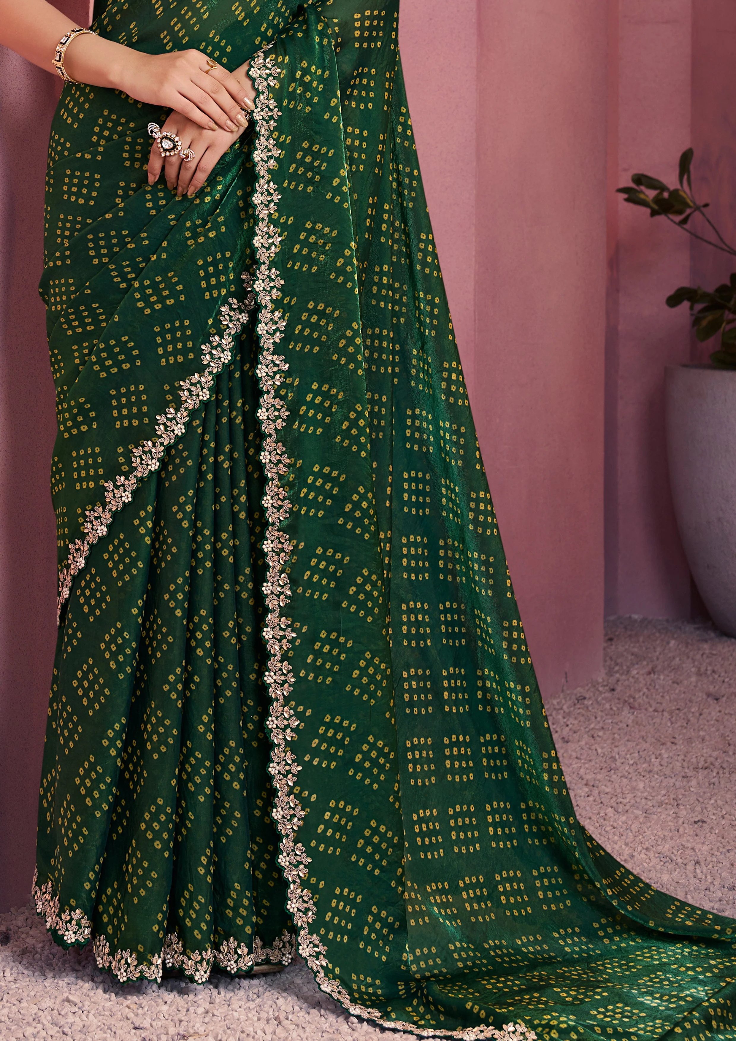 Bottle Green Bandhej Printed Satin Silk Saree - Image 6