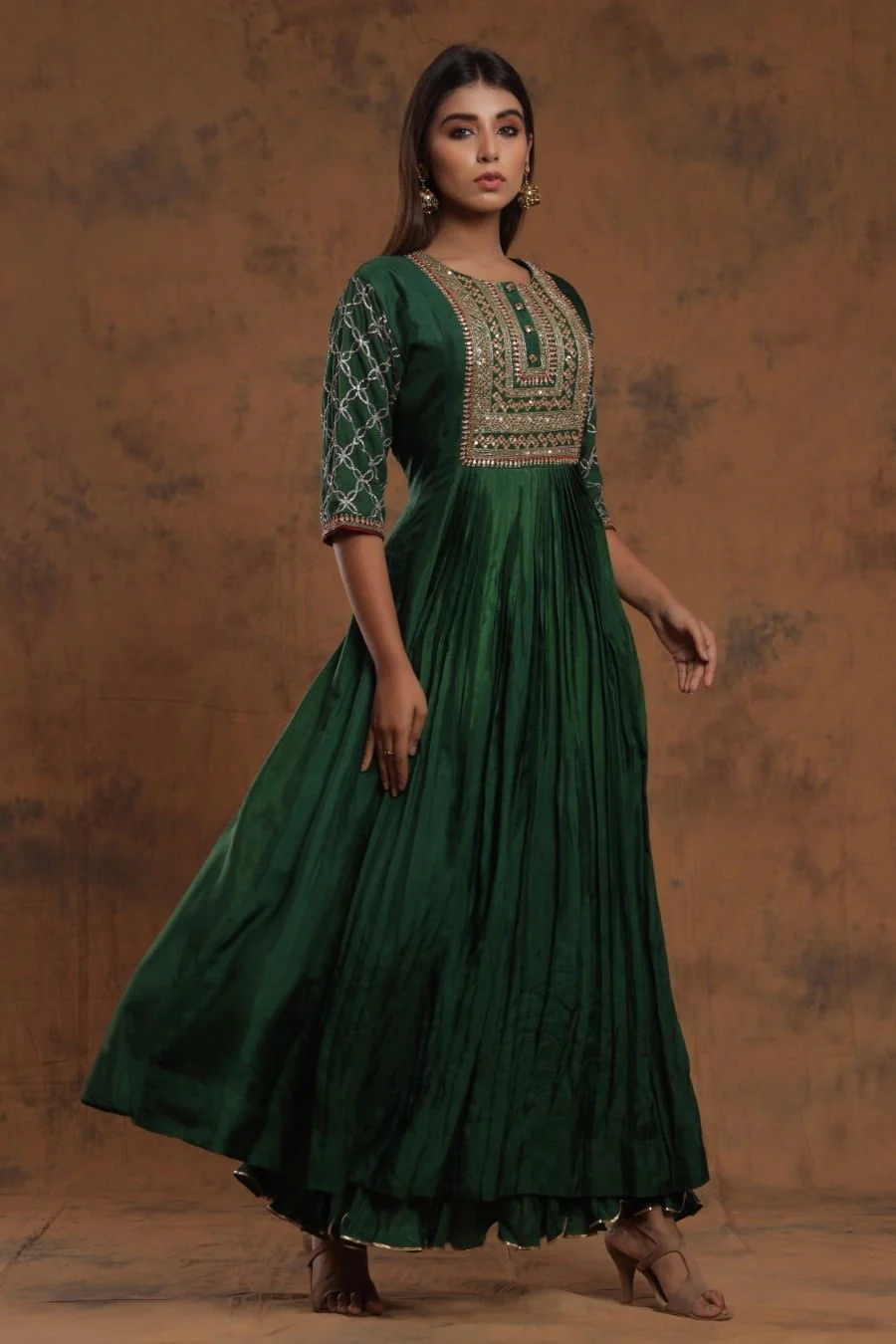 Bottle Green Chanderi Silk Anarkali - Image 3