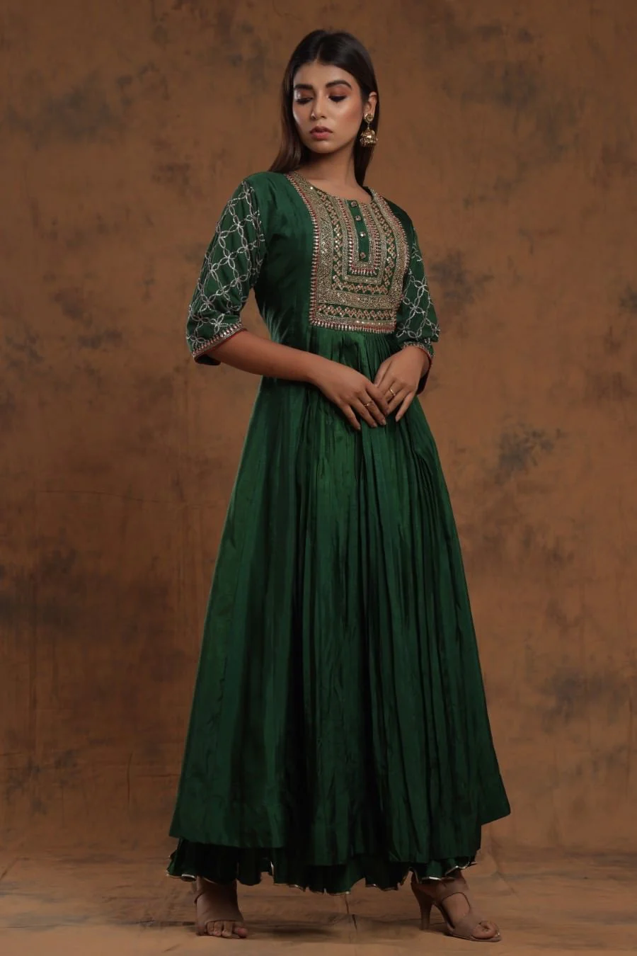Bottle Green Chanderi Silk Anarkali - Image 4