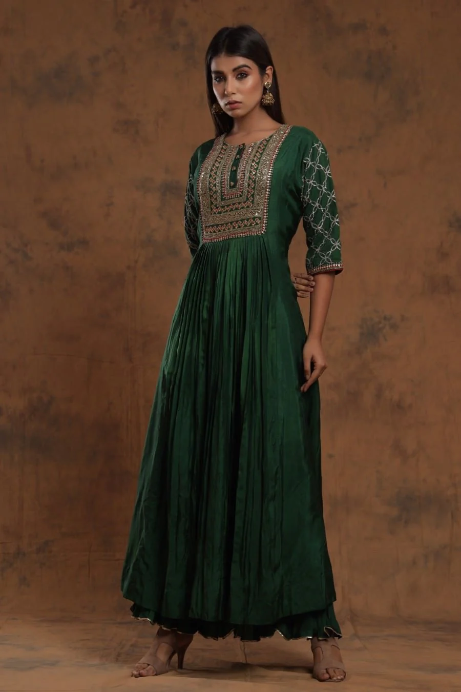 Bottle Green Chanderi Silk Anarkali - Image 5