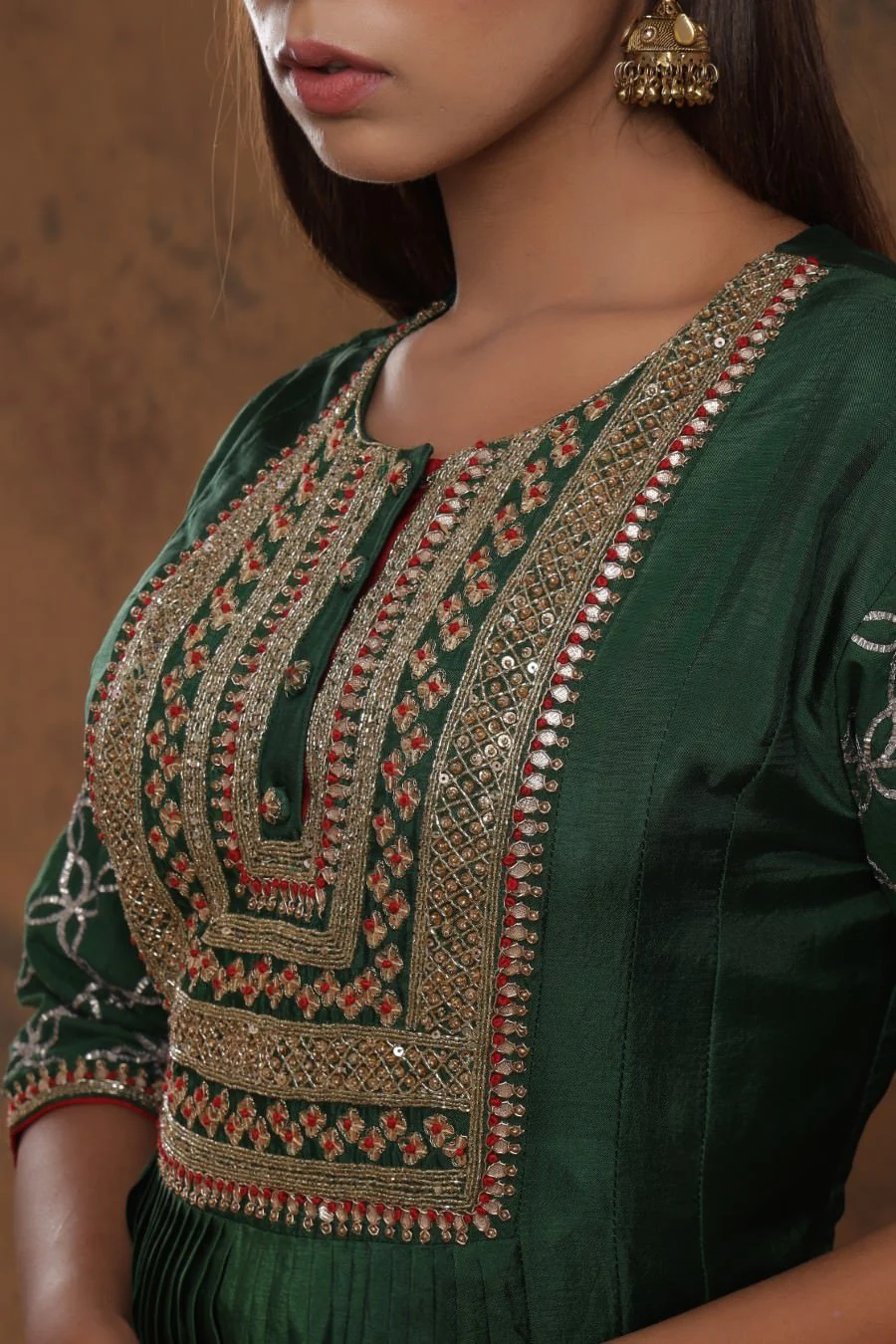 Bottle Green Chanderi Silk Anarkali - Image 6