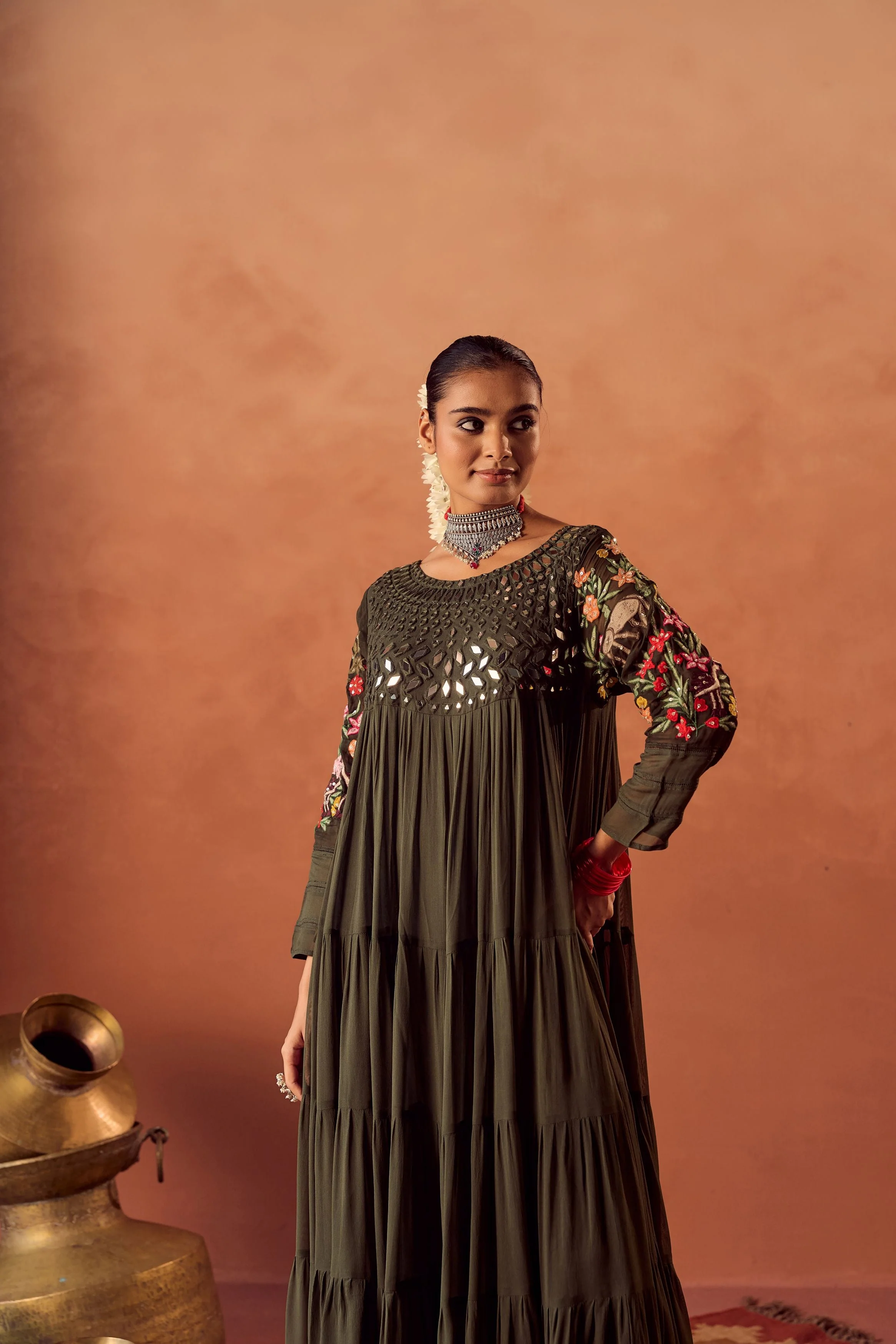 Bottle Green Embroidered Georgette Silk Anarkali Gown - Image 4