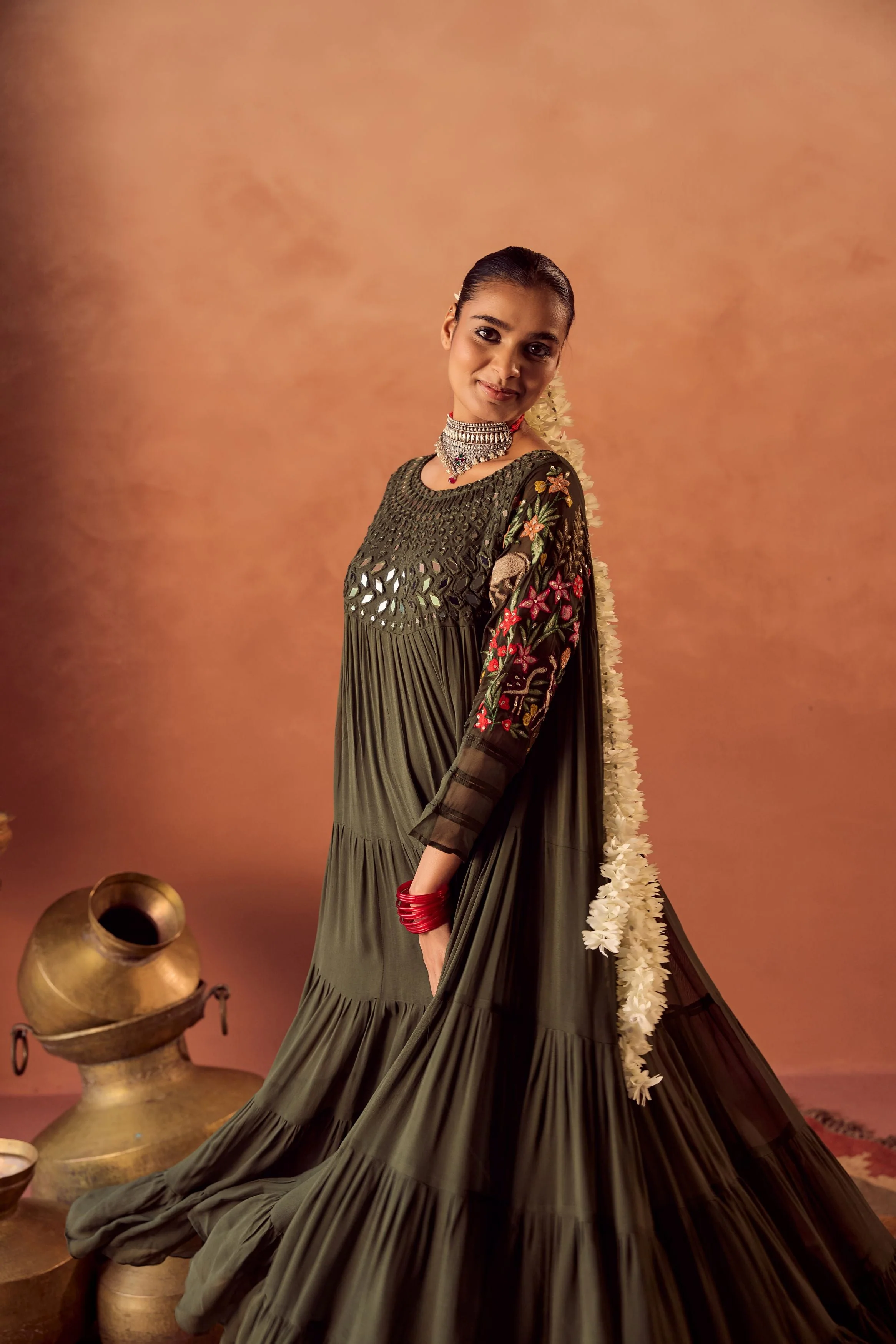 Bottle Green Embroidered Georgette Silk Anarkali Gown - Image 5