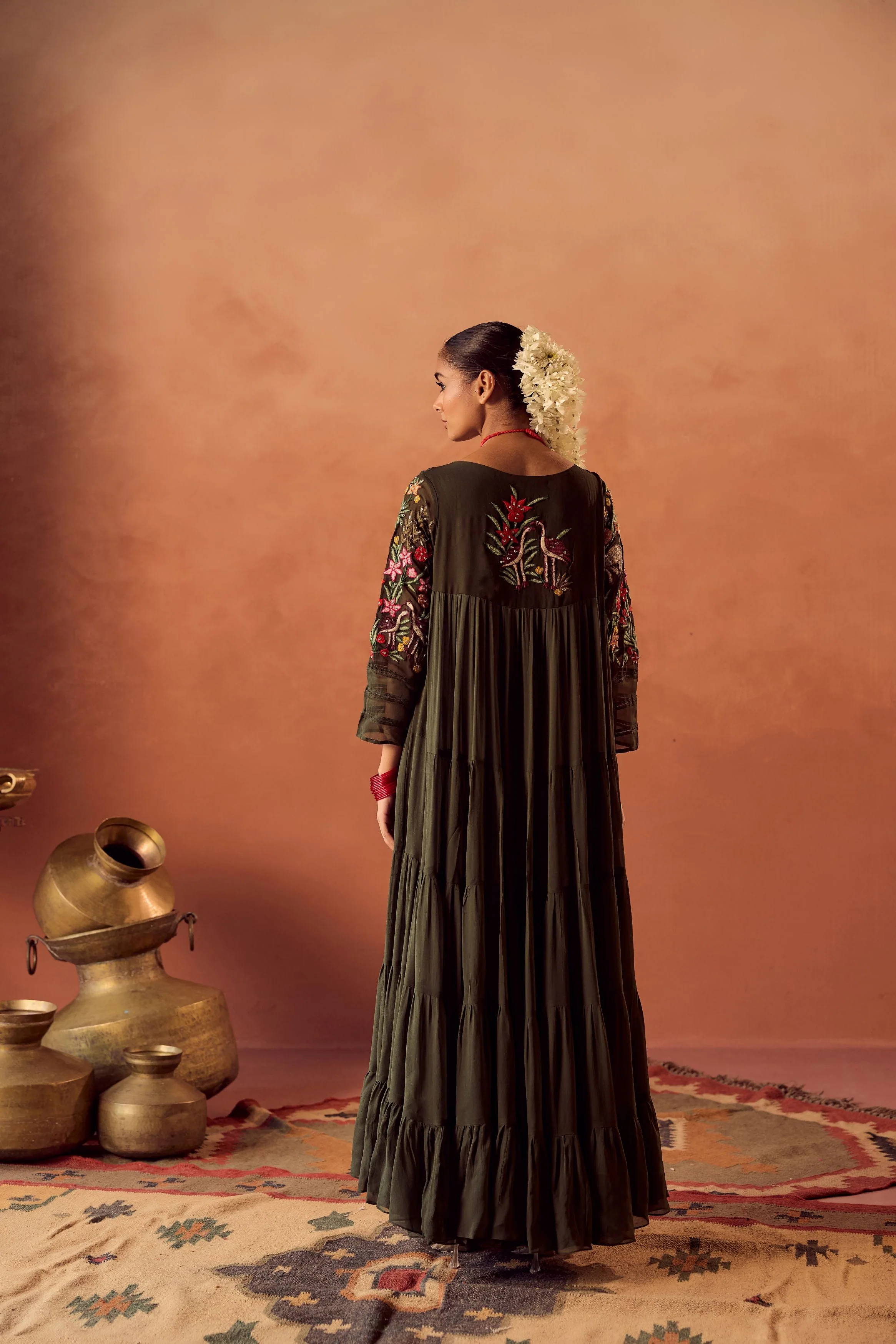 Bottle Green Embroidered Georgette Silk Anarkali Gown - Image 6
