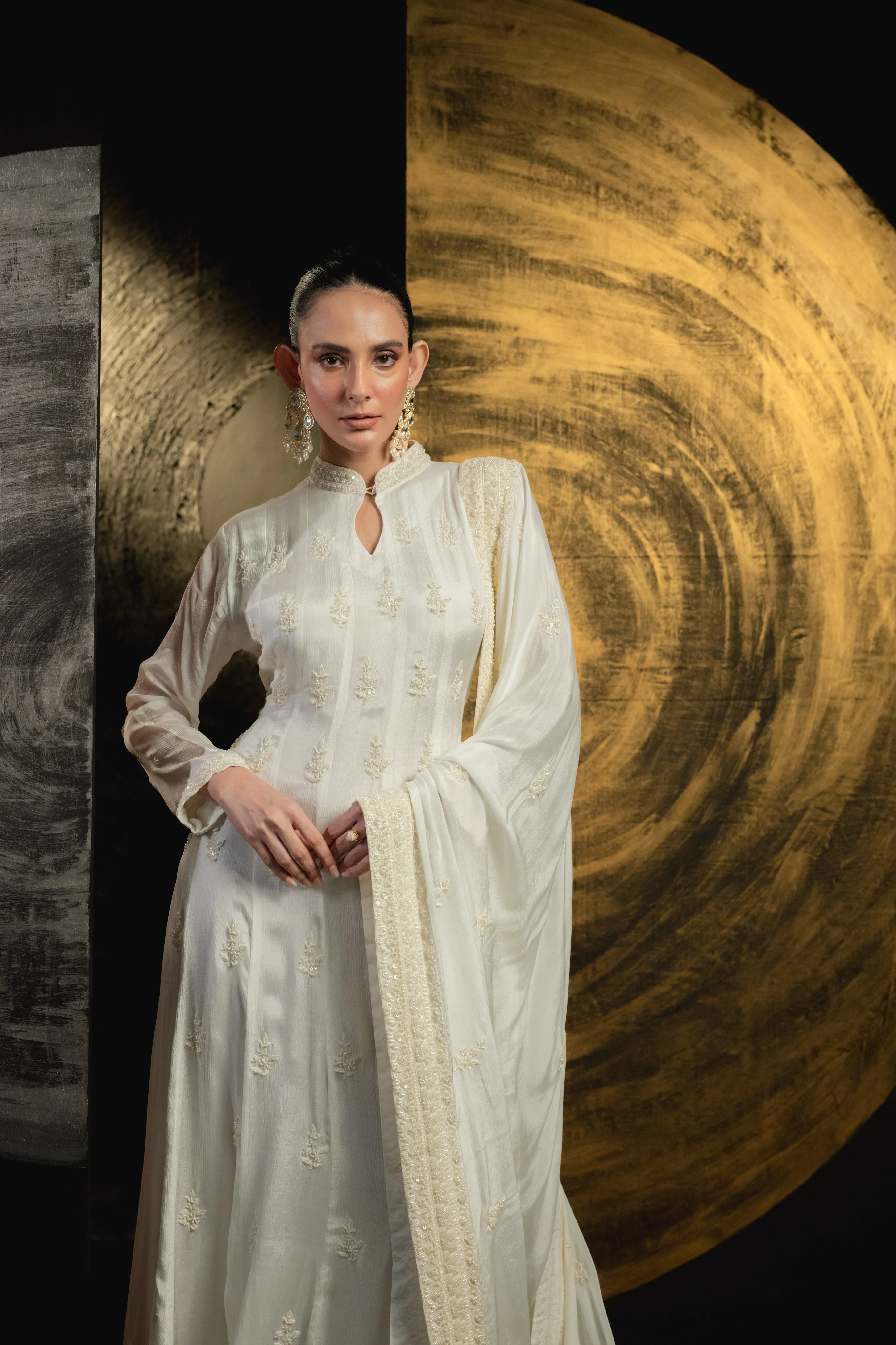 Off- White Embellished Chinon Silk Anarkali Set - Image 2