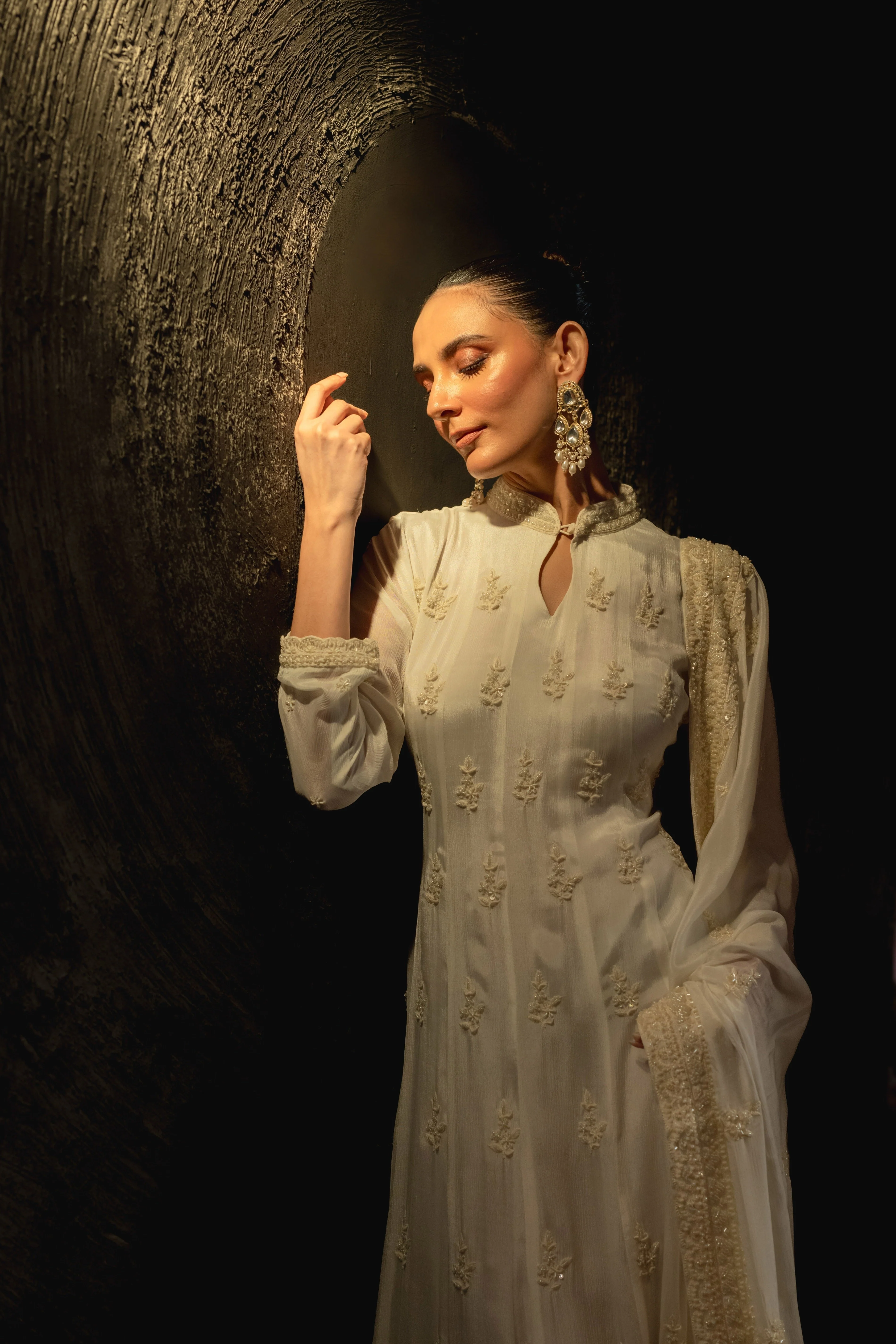 Off- White Embellished Chinon Silk Anarkali Set - Image 3