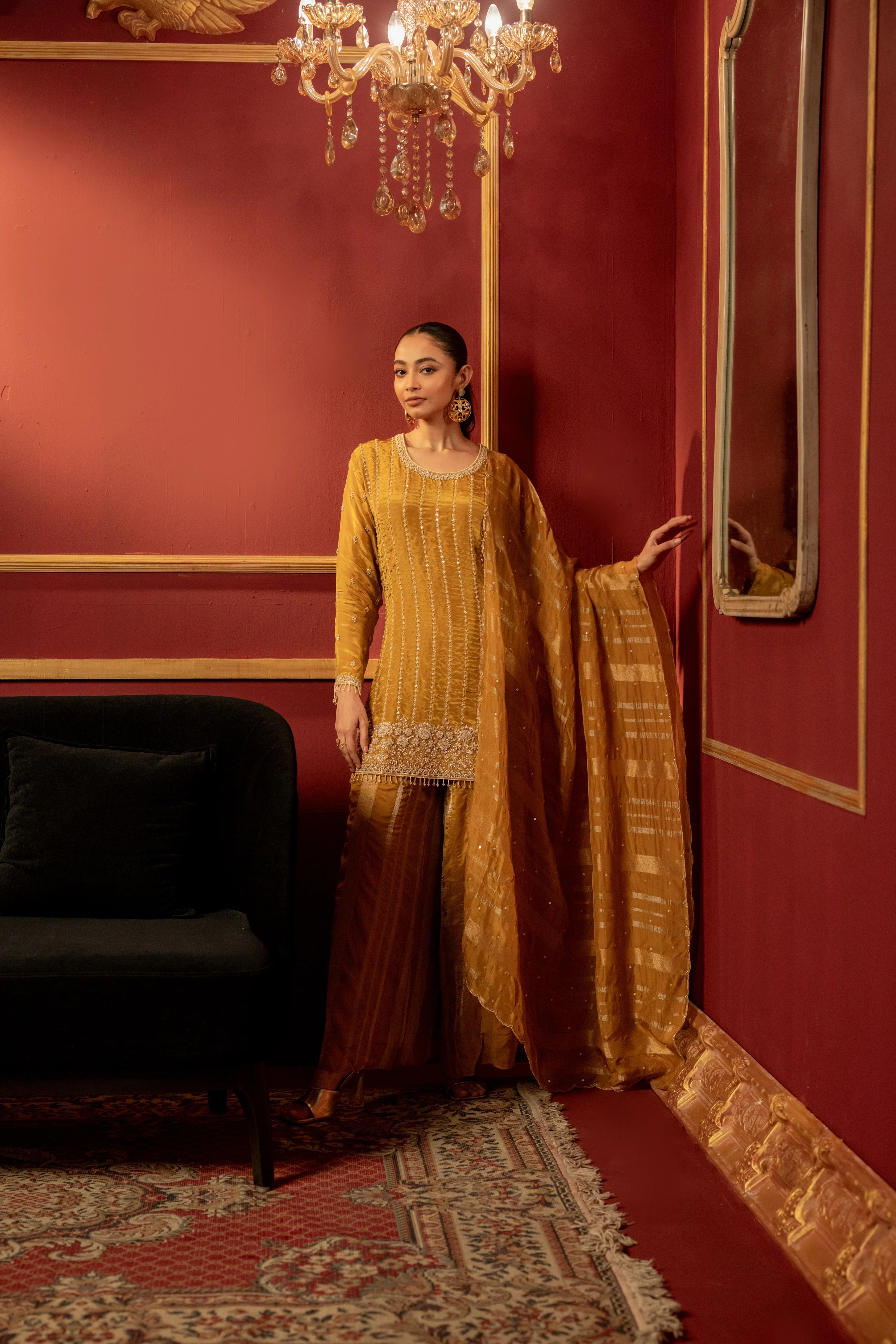 Deep Yellow Embellished Premium Silk Palazzo Set - Image 4