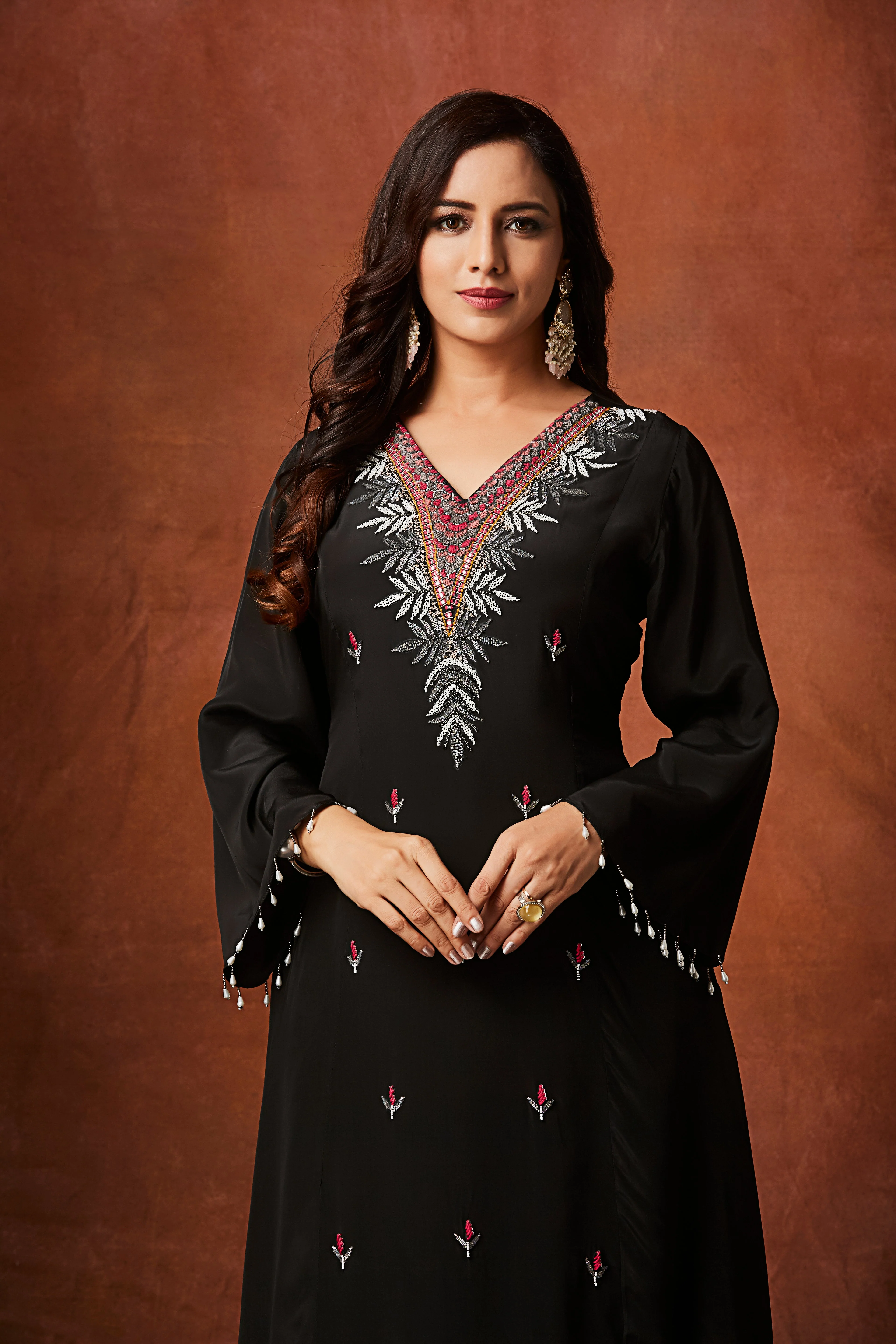 Jet Black Embellished Chinon Silk Kurta Set - Image 2