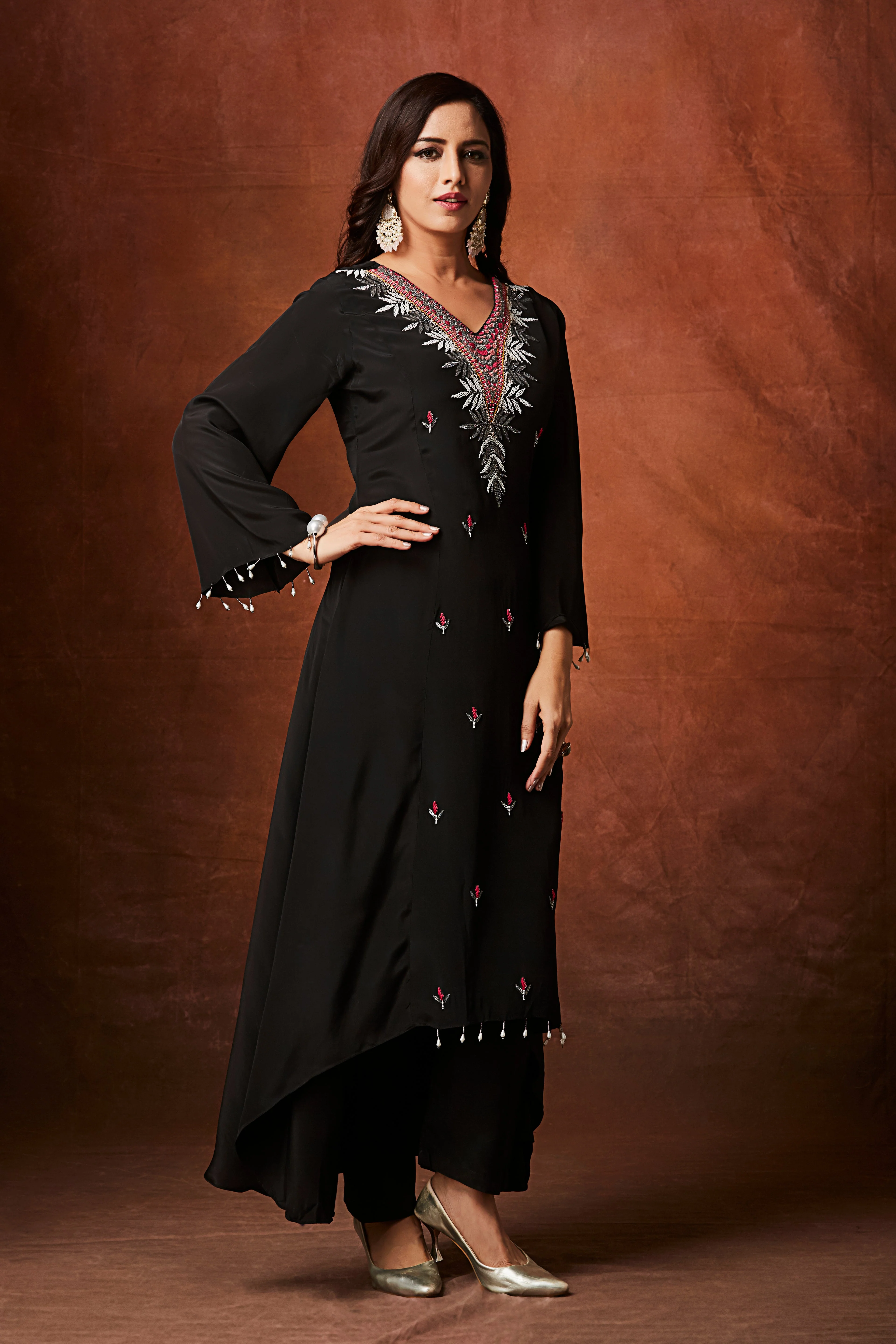 Jet Black Embellished Chinon Silk Kurta Set - Image 4