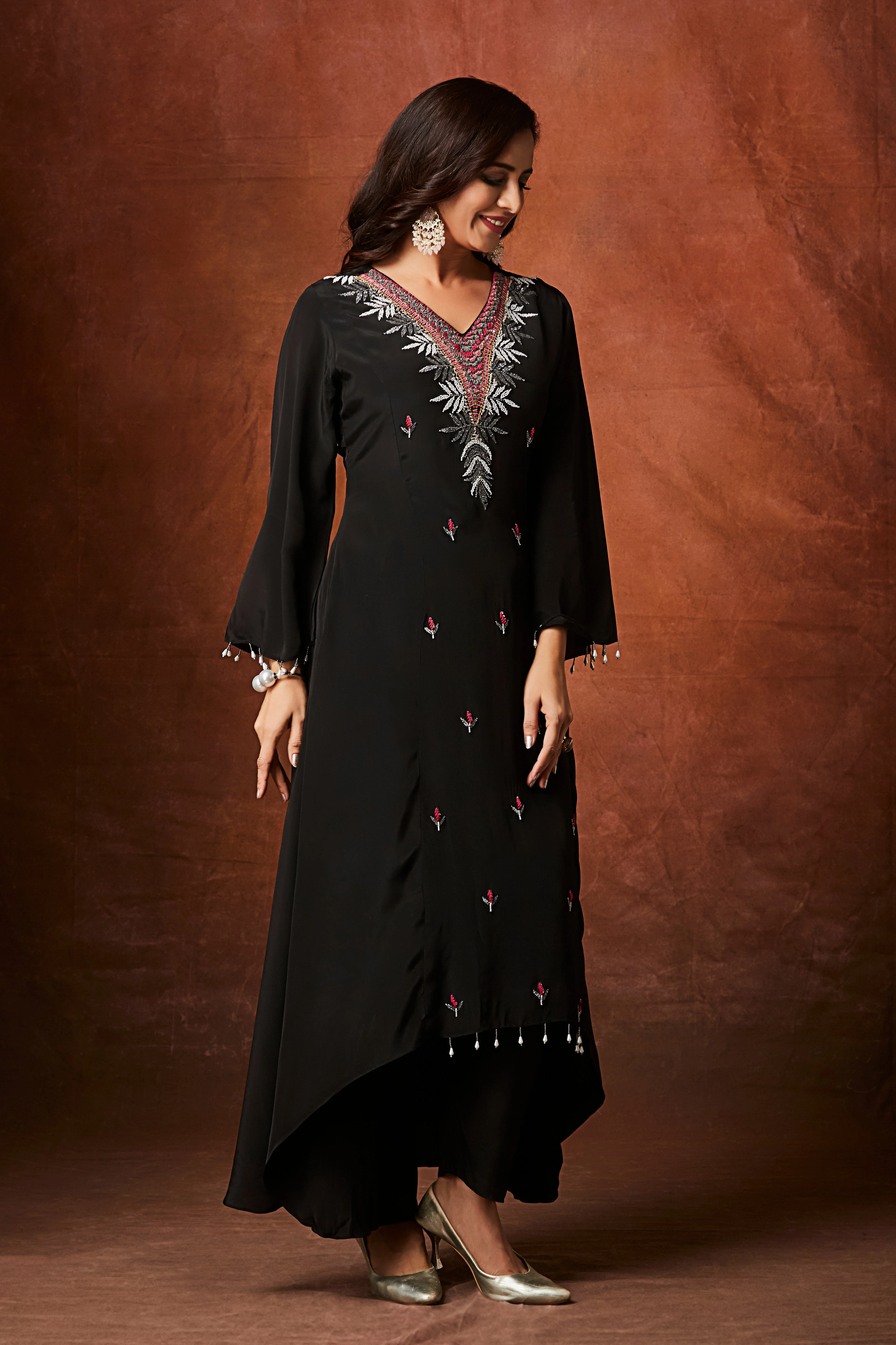 Jet Black Embellished Chinon Silk Kurta Set - Image 5