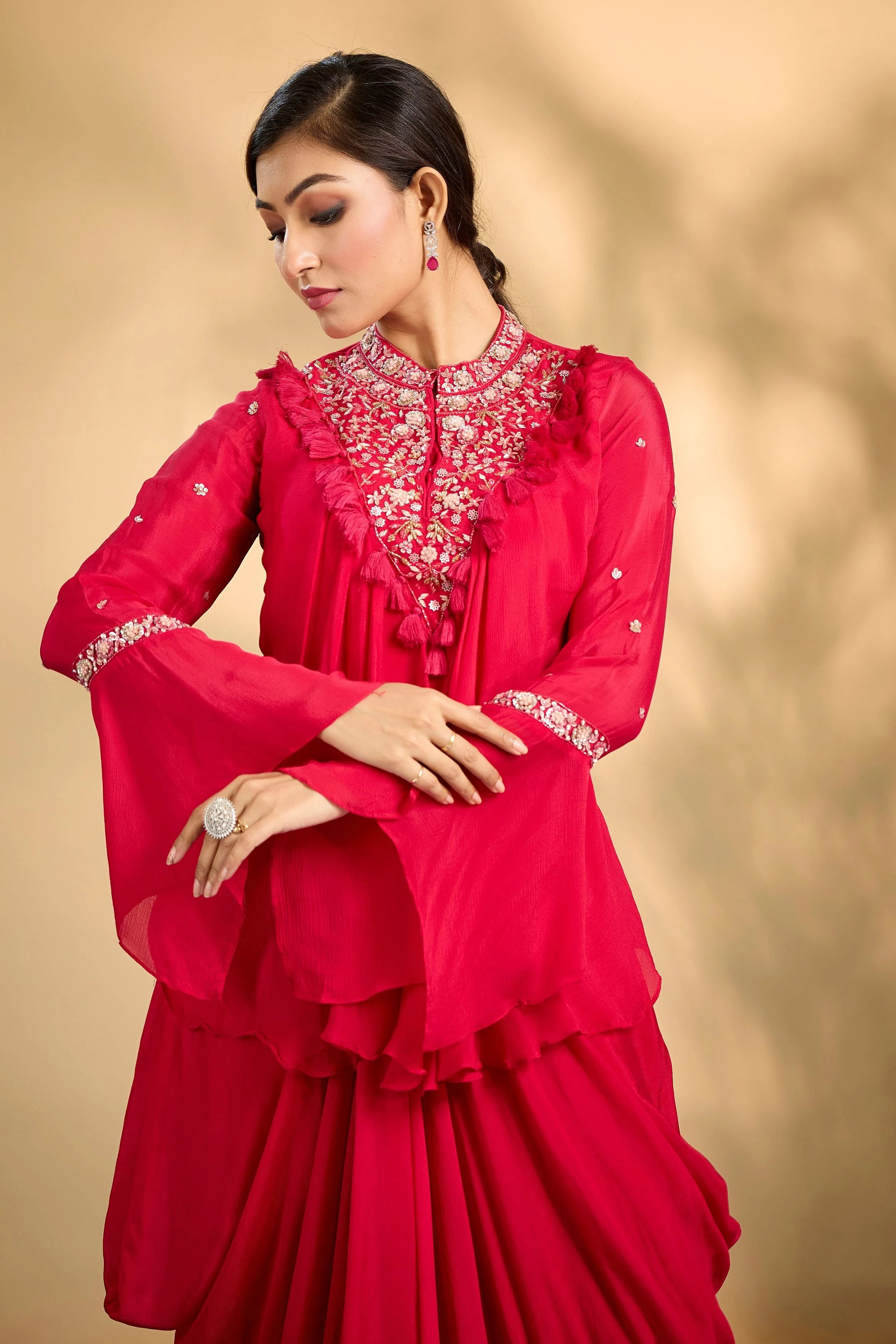 Crimson Pink Embellished Chinon Silk Skirt Set - Image 2