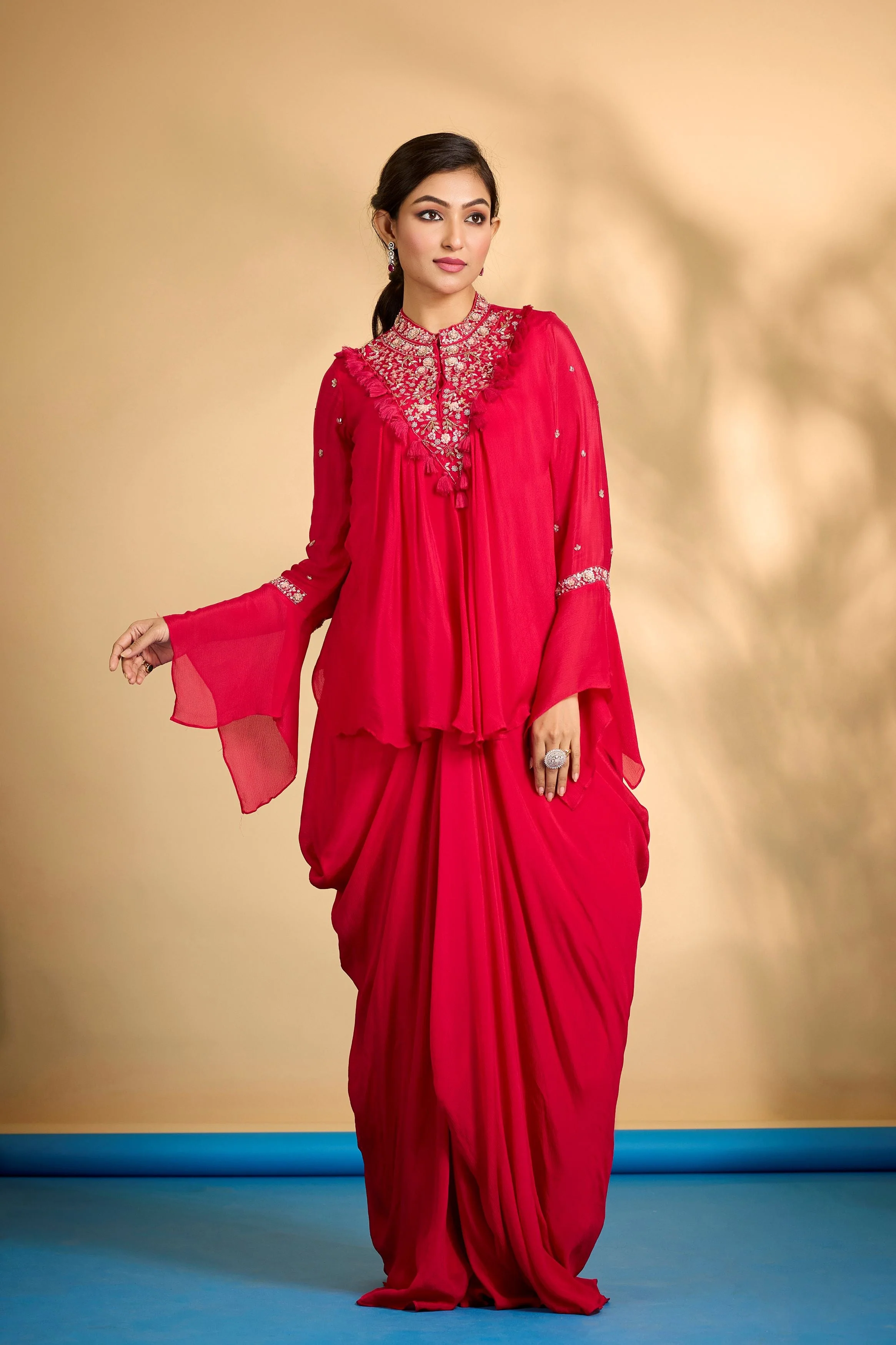 Crimson Pink Embellished Chinon Silk Skirt Set - Image 3