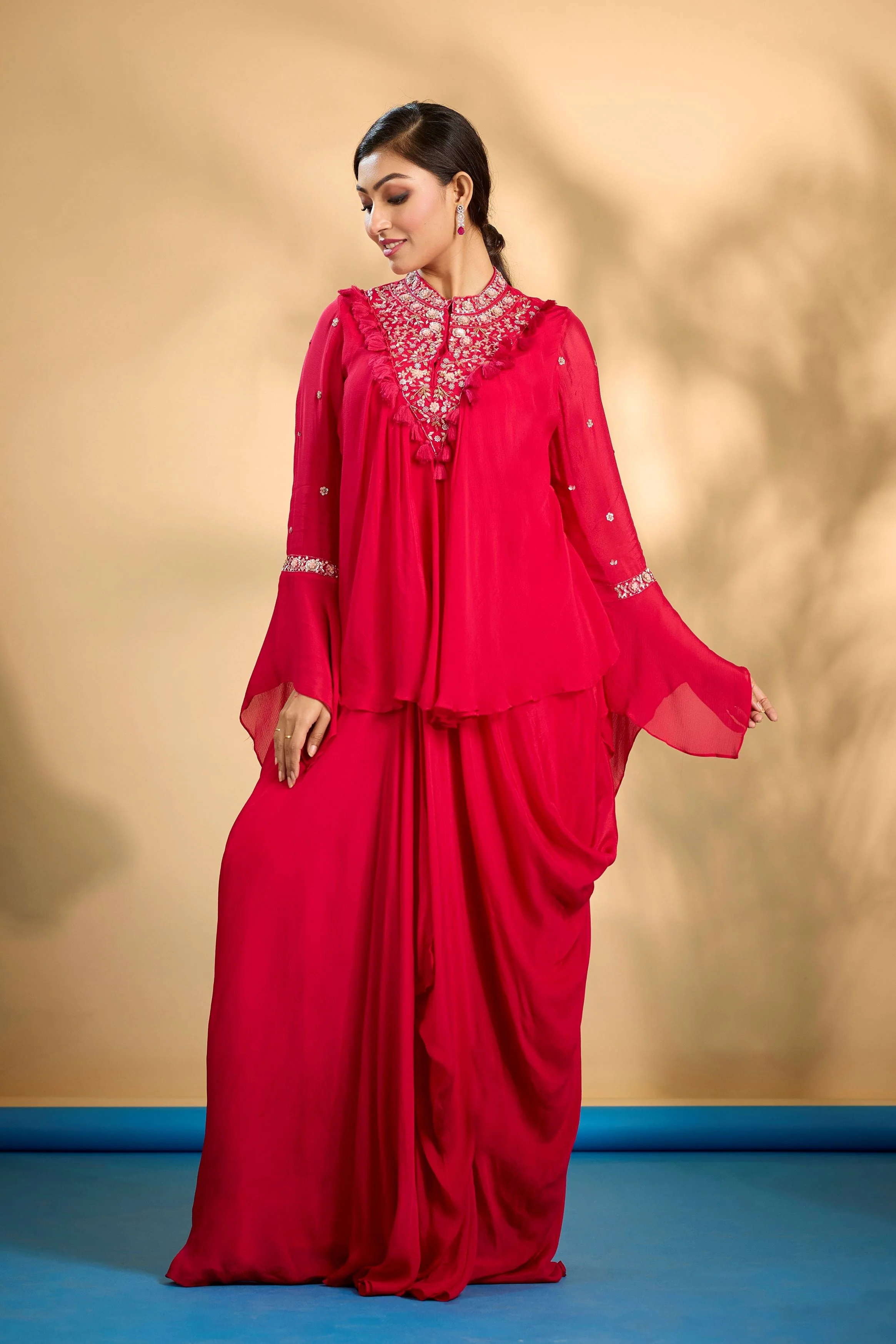 Crimson Pink Embellished Chinon Silk Skirt Set - Image 4