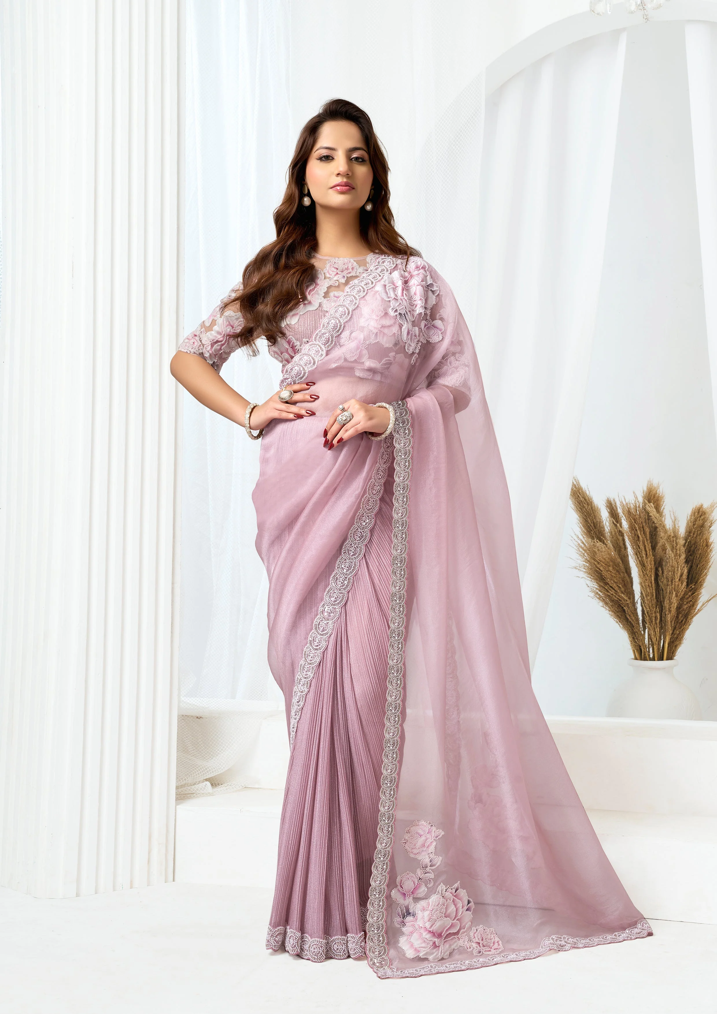 Blush Pink Embellished Shimmer Organza Silk Saree