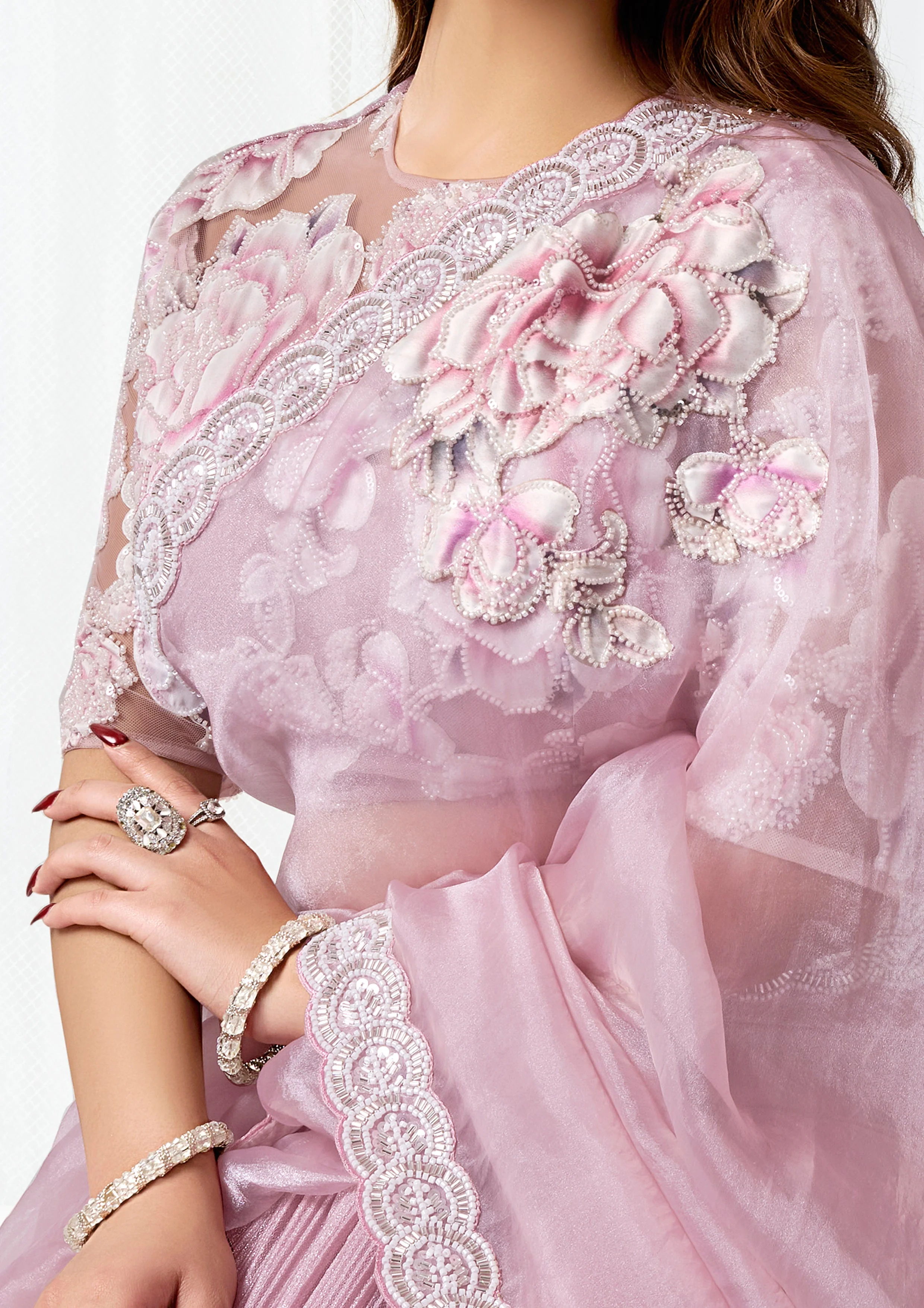 Blush Pink Embellished Shimmer Organza Silk Saree - Image 3