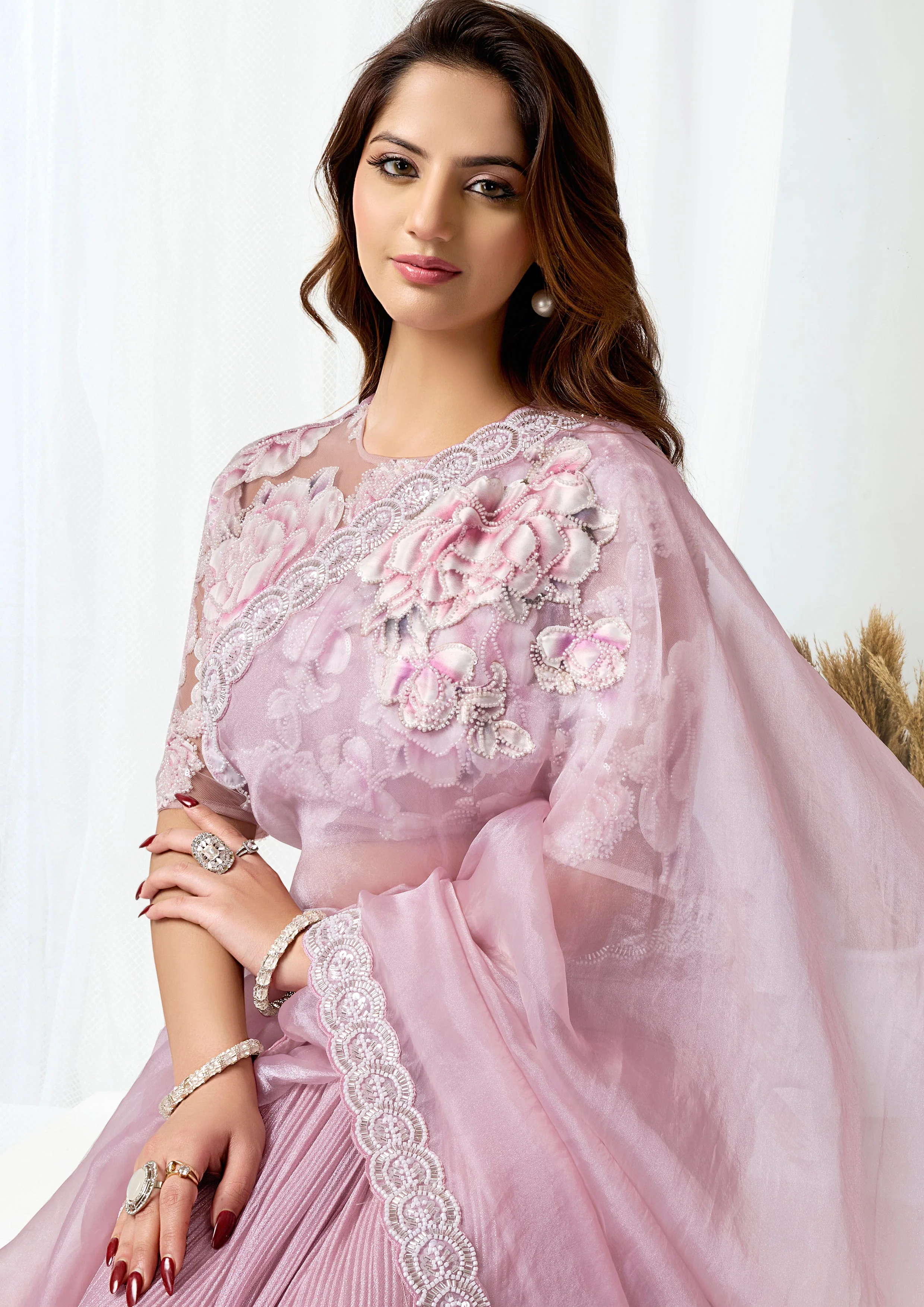 Blush Pink Embellished Shimmer Organza Silk Saree - Image 4