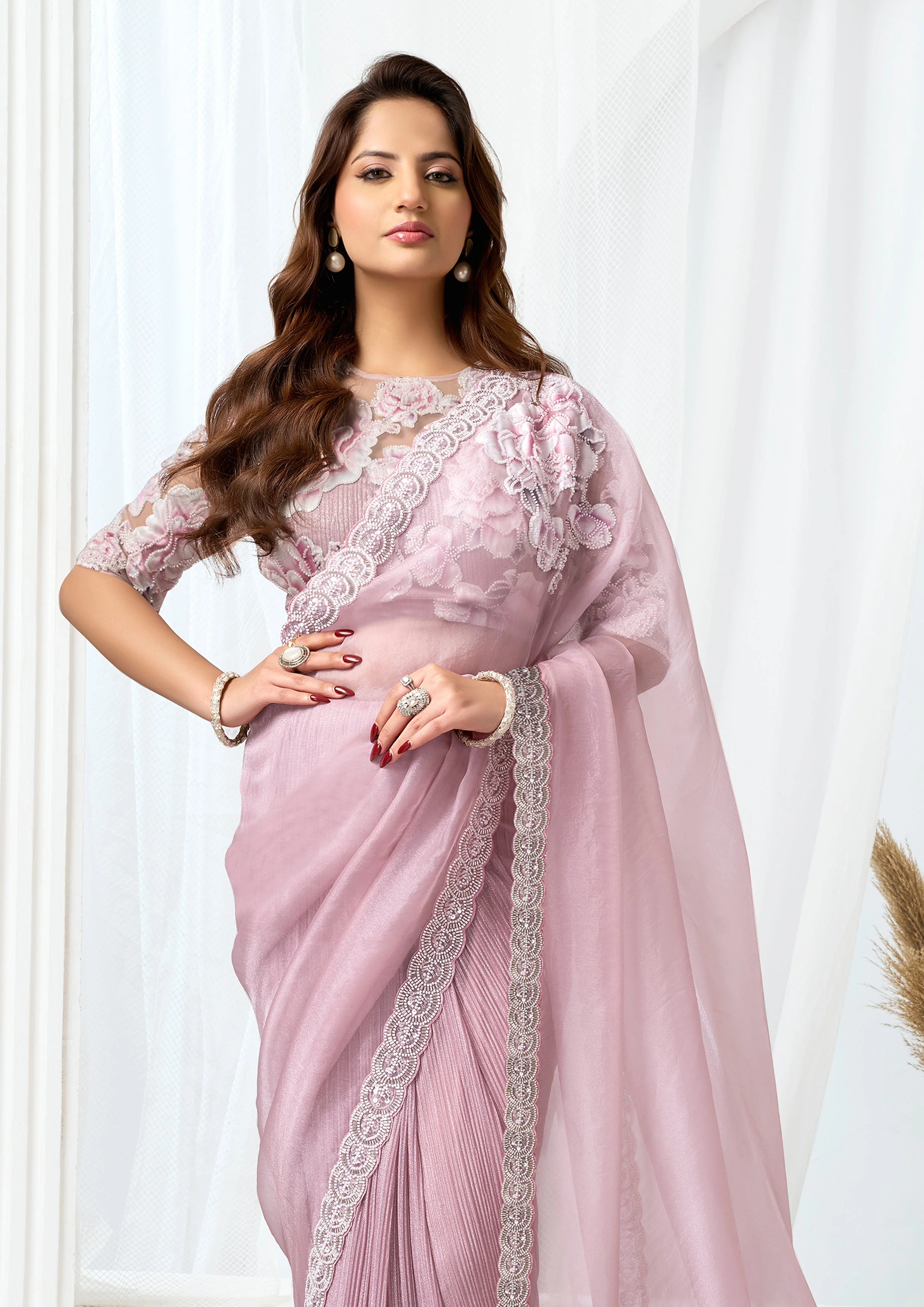 Blush Pink Embellished Shimmer Organza Silk Saree - Image 6