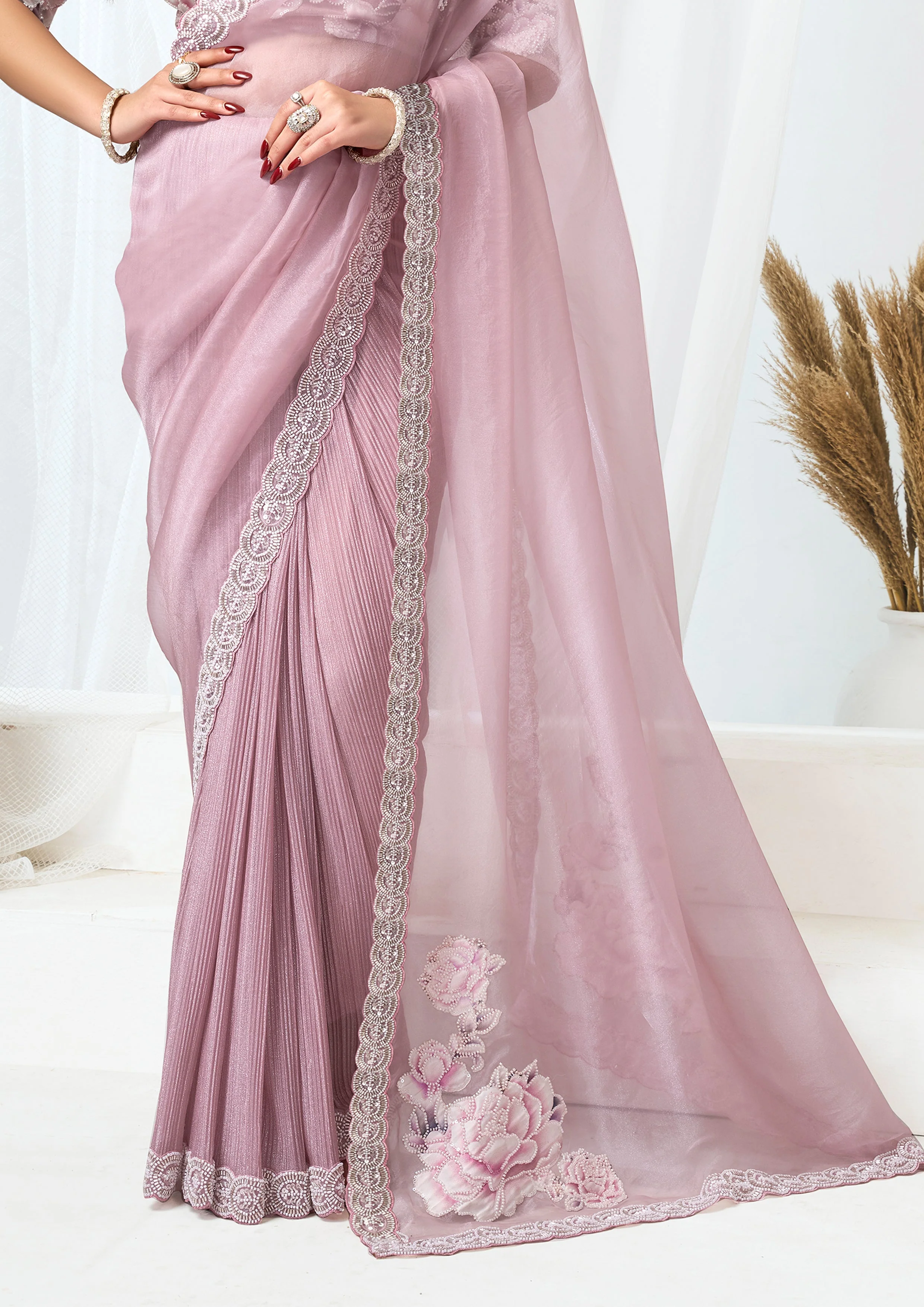 Blush Pink Embellished Shimmer Organza Silk Saree - Image 7