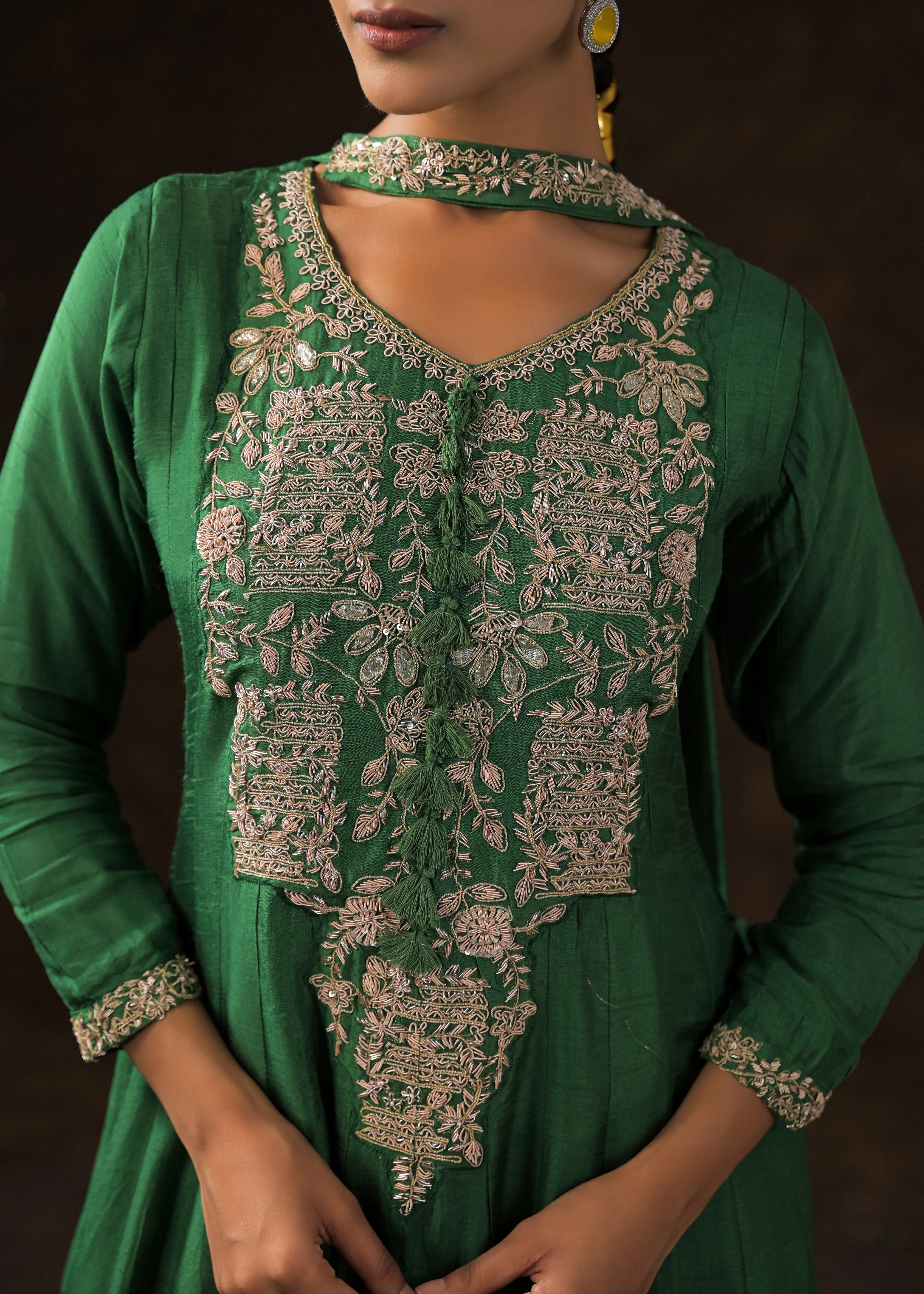 Bottle Green Embellished Raw Silk Anarkali Set - Image 2