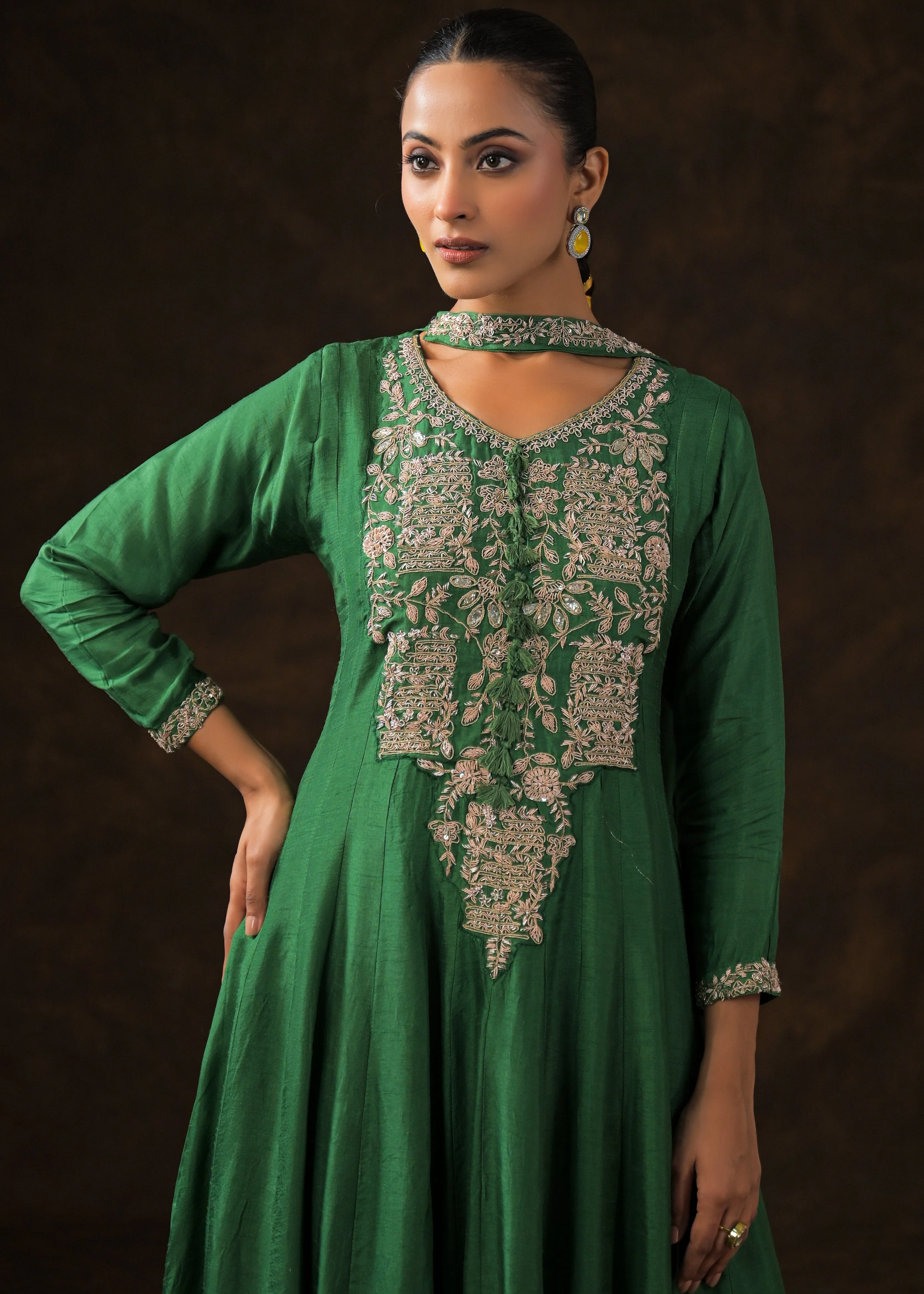 Bottle Green Embellished Raw Silk Anarkali Set - Image 3