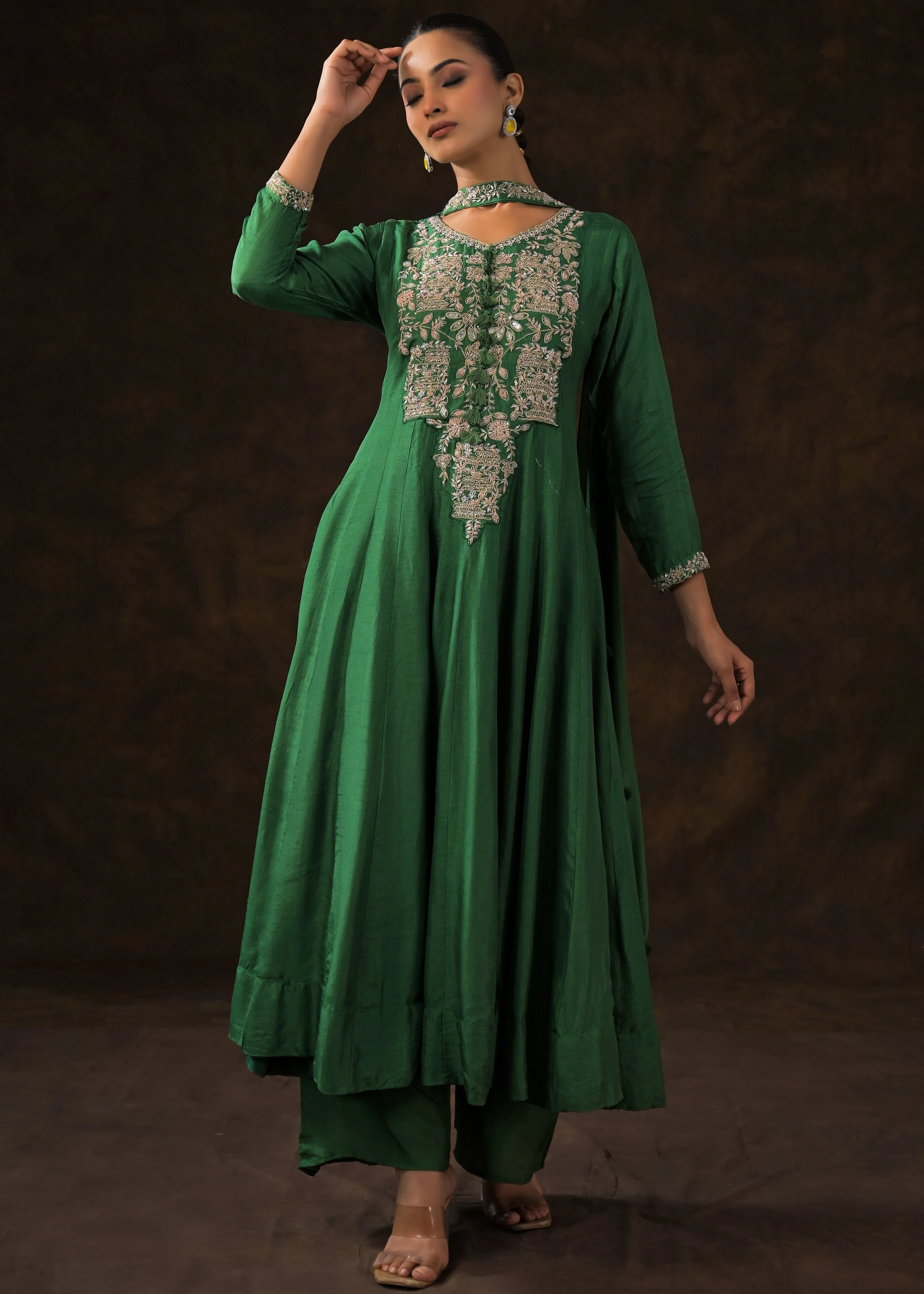 Bottle Green Embellished Raw Silk Anarkali Set - Image 4