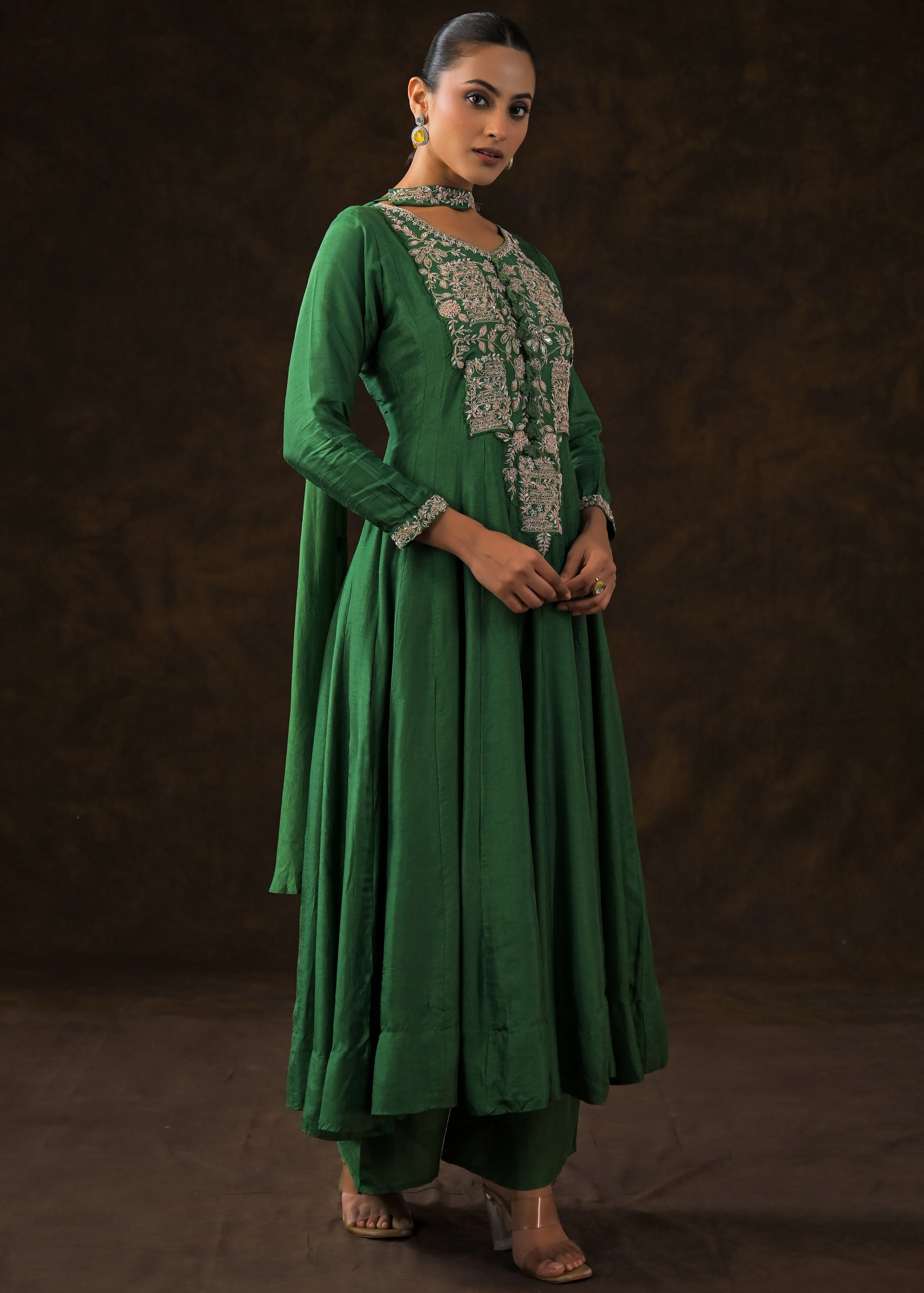 Bottle Green Embellished Raw Silk Anarkali Set - Image 5