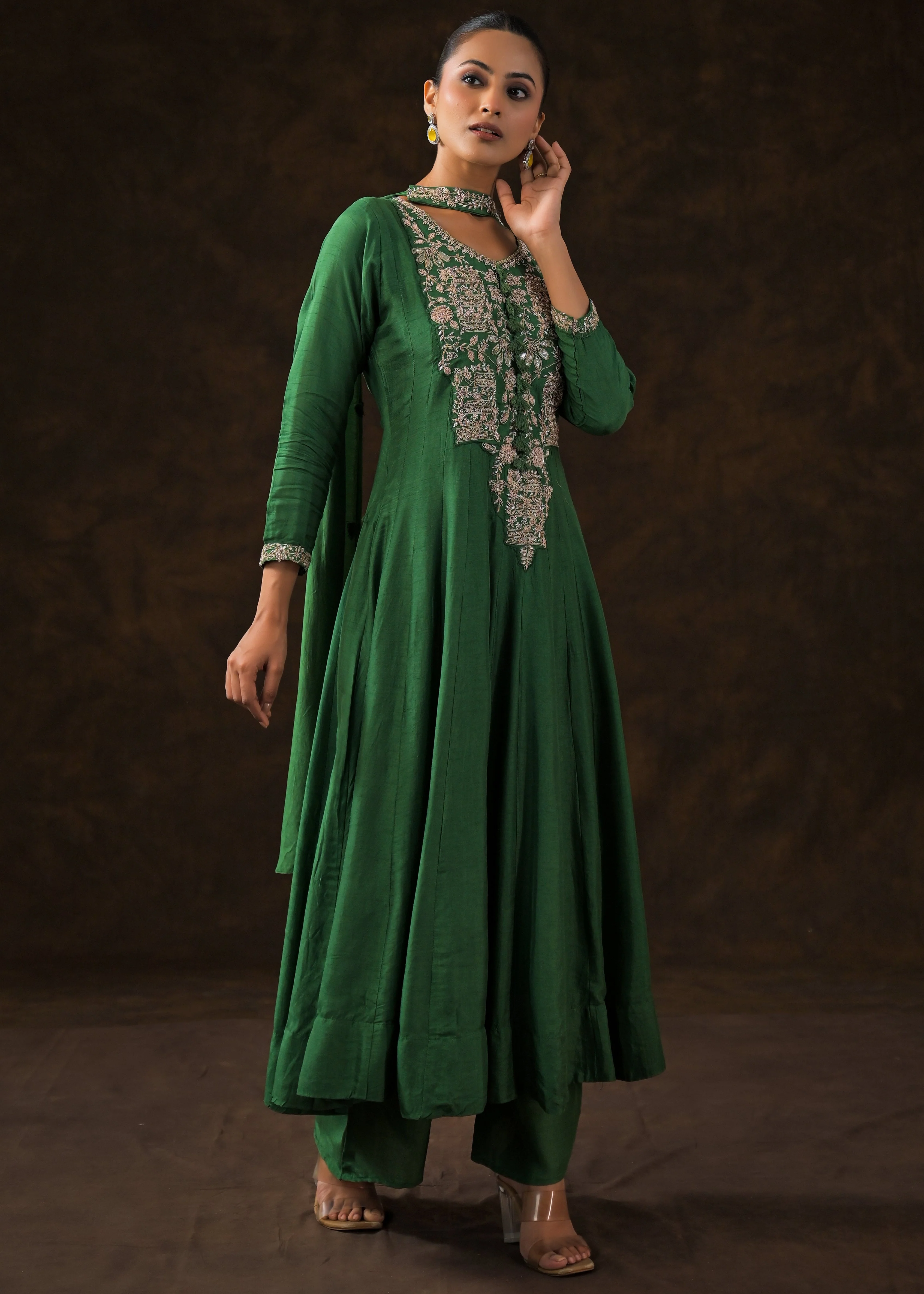 Bottle Green Embellished Raw Silk Anarkali Set - Image 6