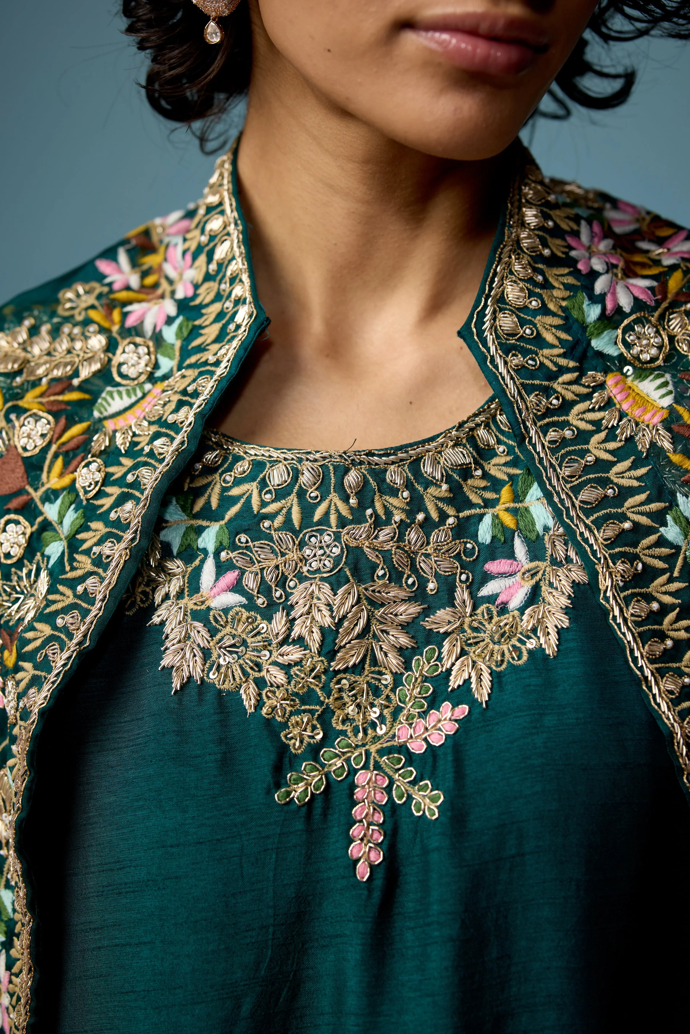 Bottle Green embellished Raw Silk Cape Set - Image 2