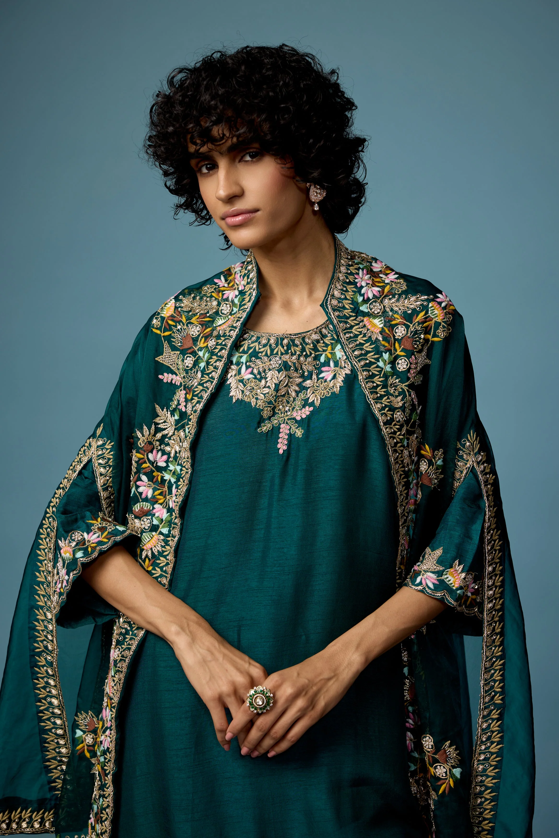 Bottle Green embellished Raw Silk Cape Set - Image 3