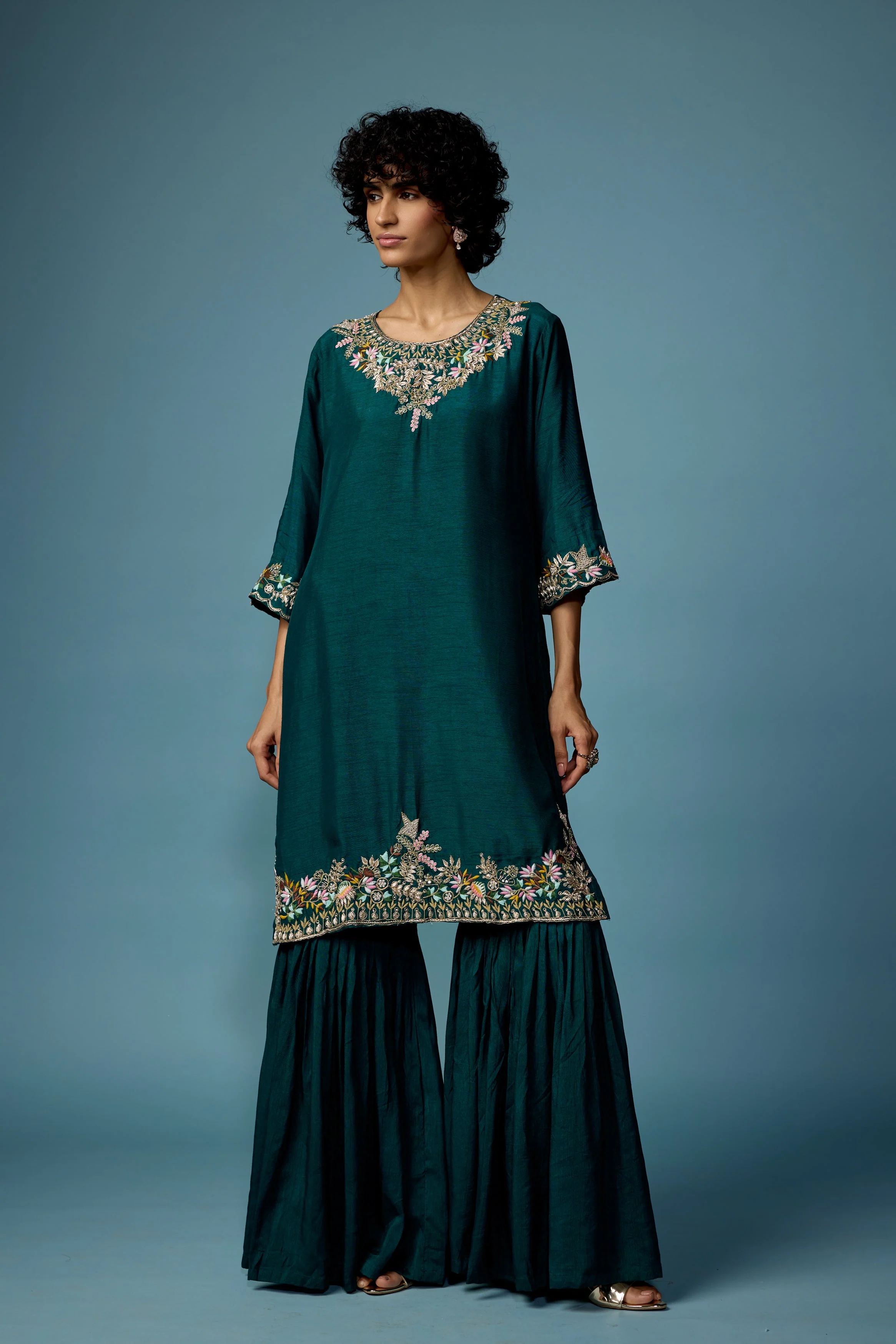 Bottle Green embellished Raw Silk Cape Set - Image 4