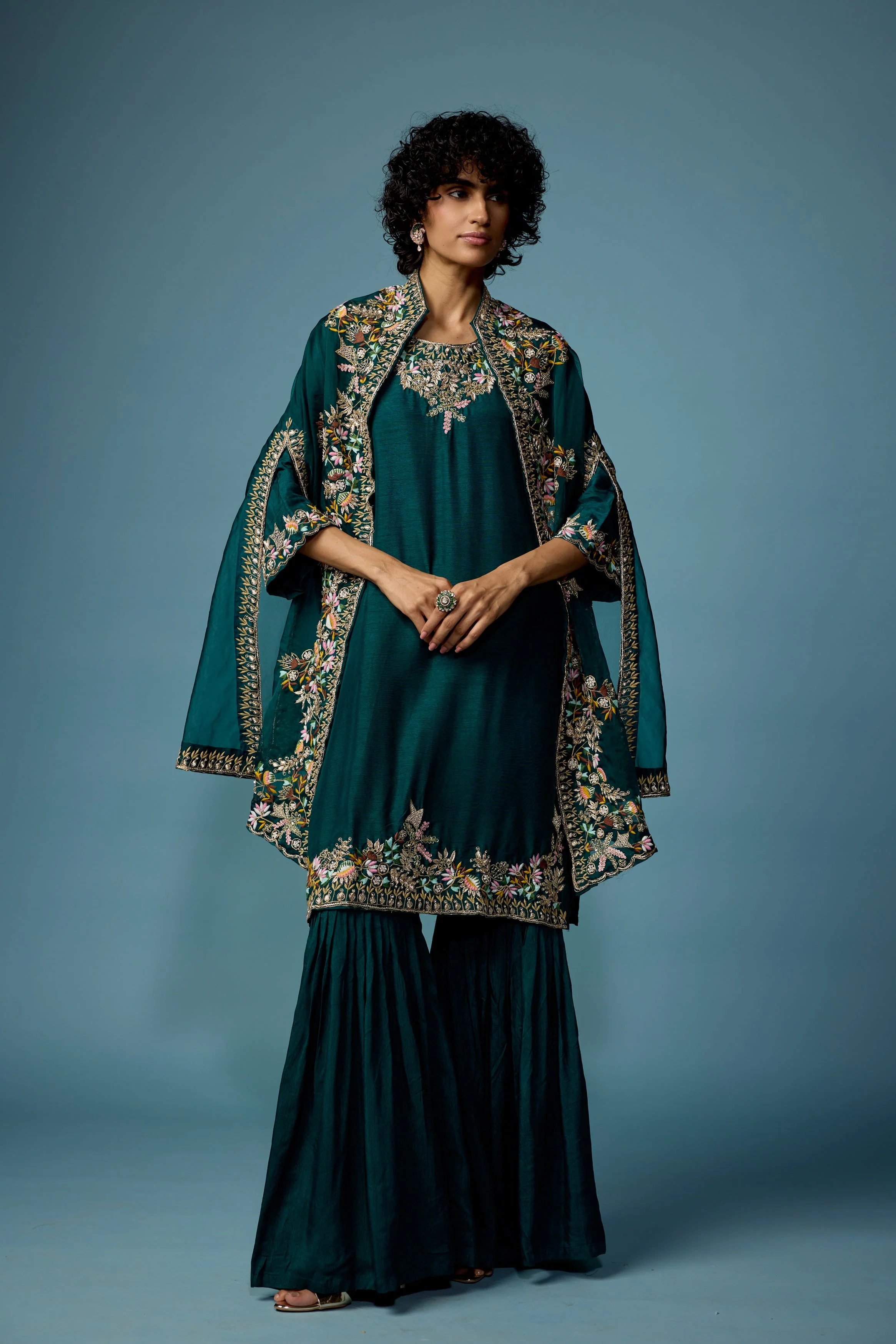 Bottle Green embellished Raw Silk Cape Set - Image 5
