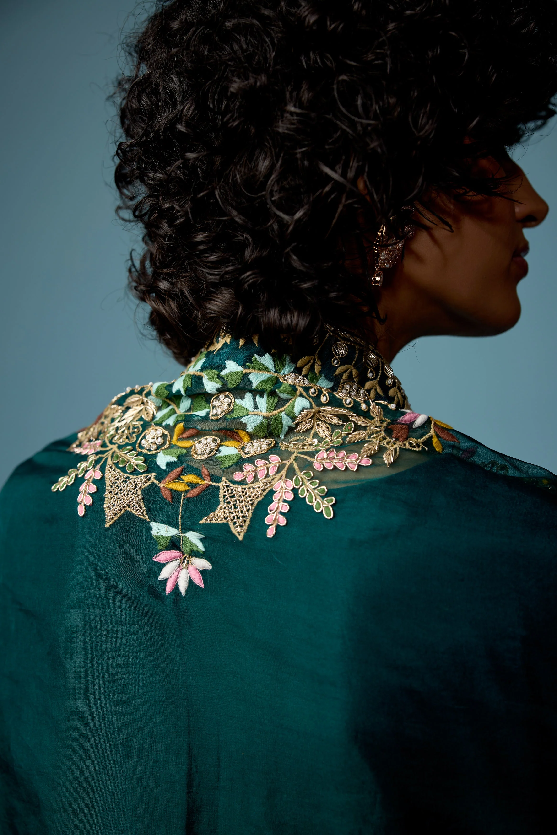 Bottle Green embellished Raw Silk Cape Set - Image 6