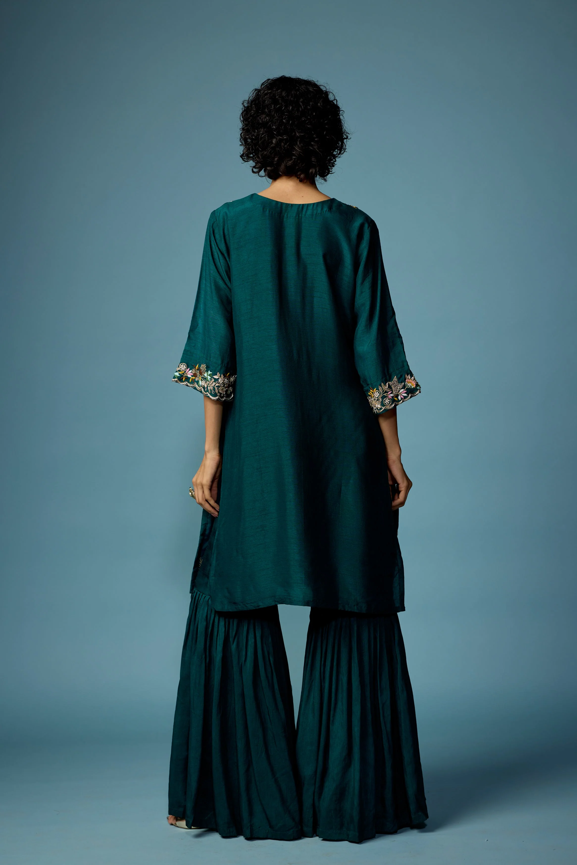 Bottle Green embellished Raw Silk Cape Set - Image 7