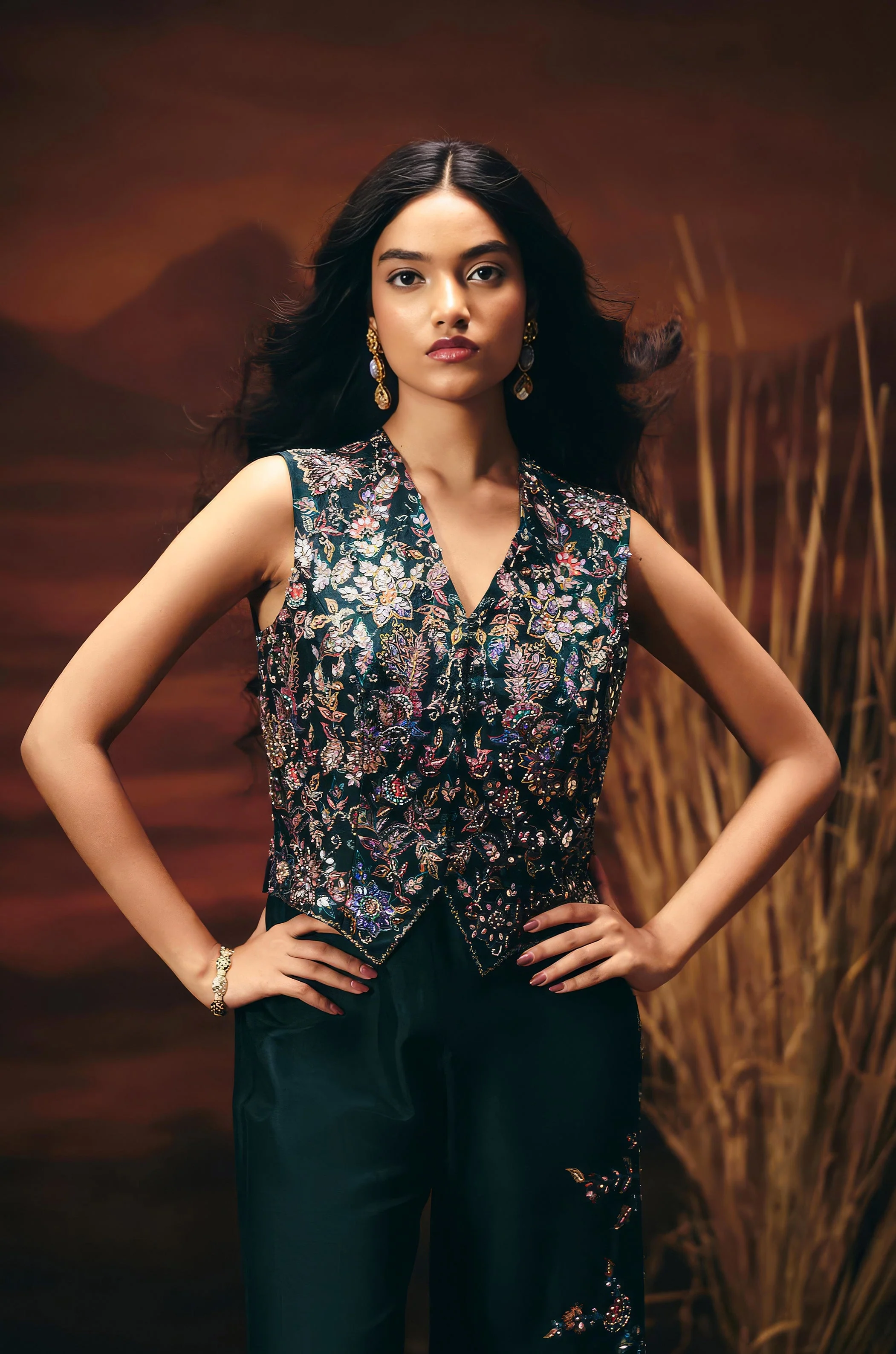 Bottle Green Embellished Raw Silk Co-Ord Set - Image 3
