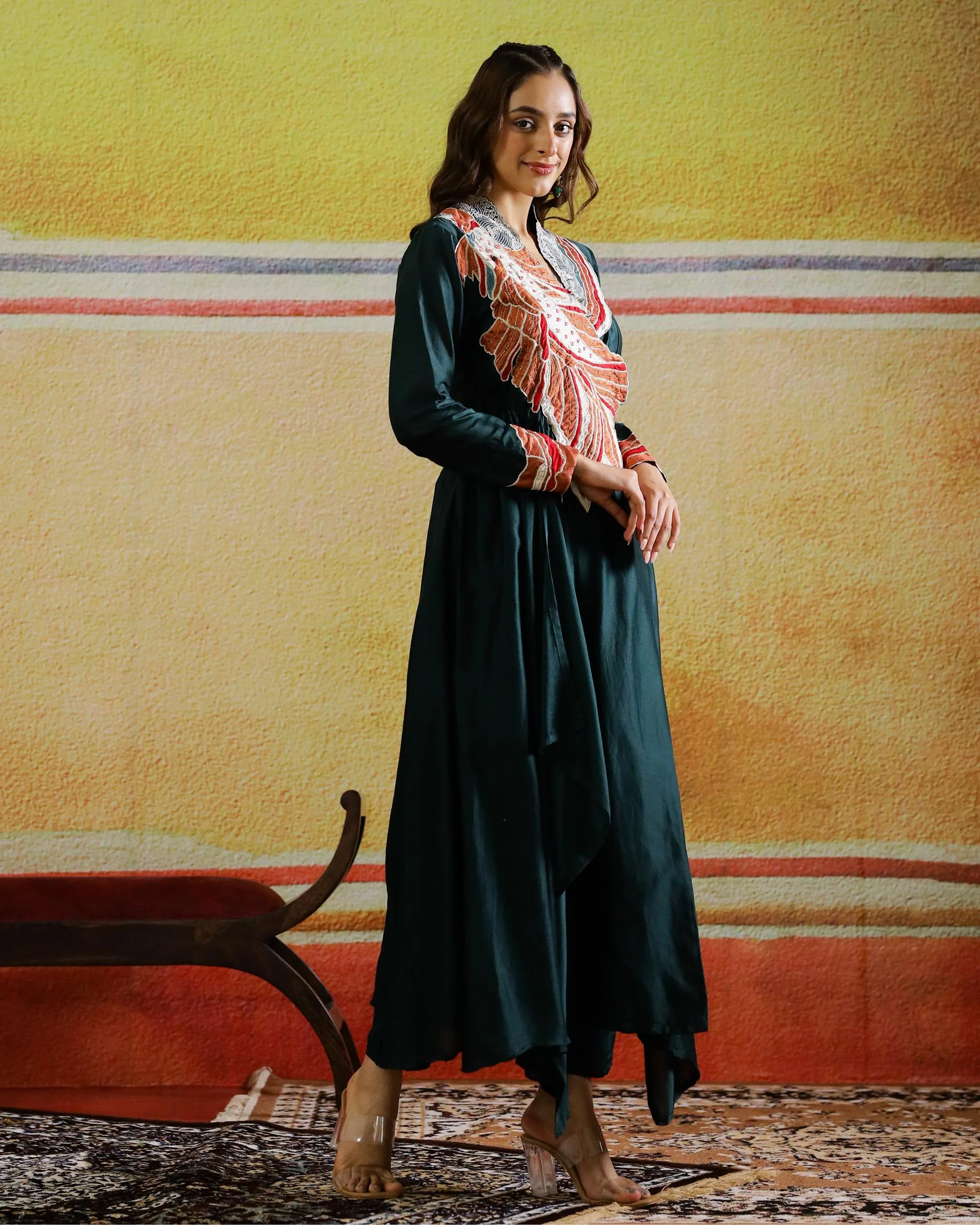 Bottle Green Embordered Spanish Silk Kurta Set - Image 3