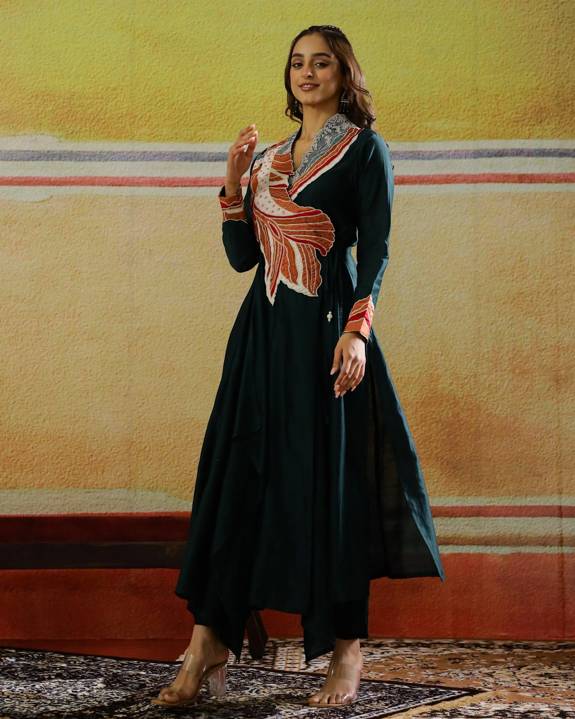 Bottle Green Embordered Spanish Silk Kurta Set - Image 4