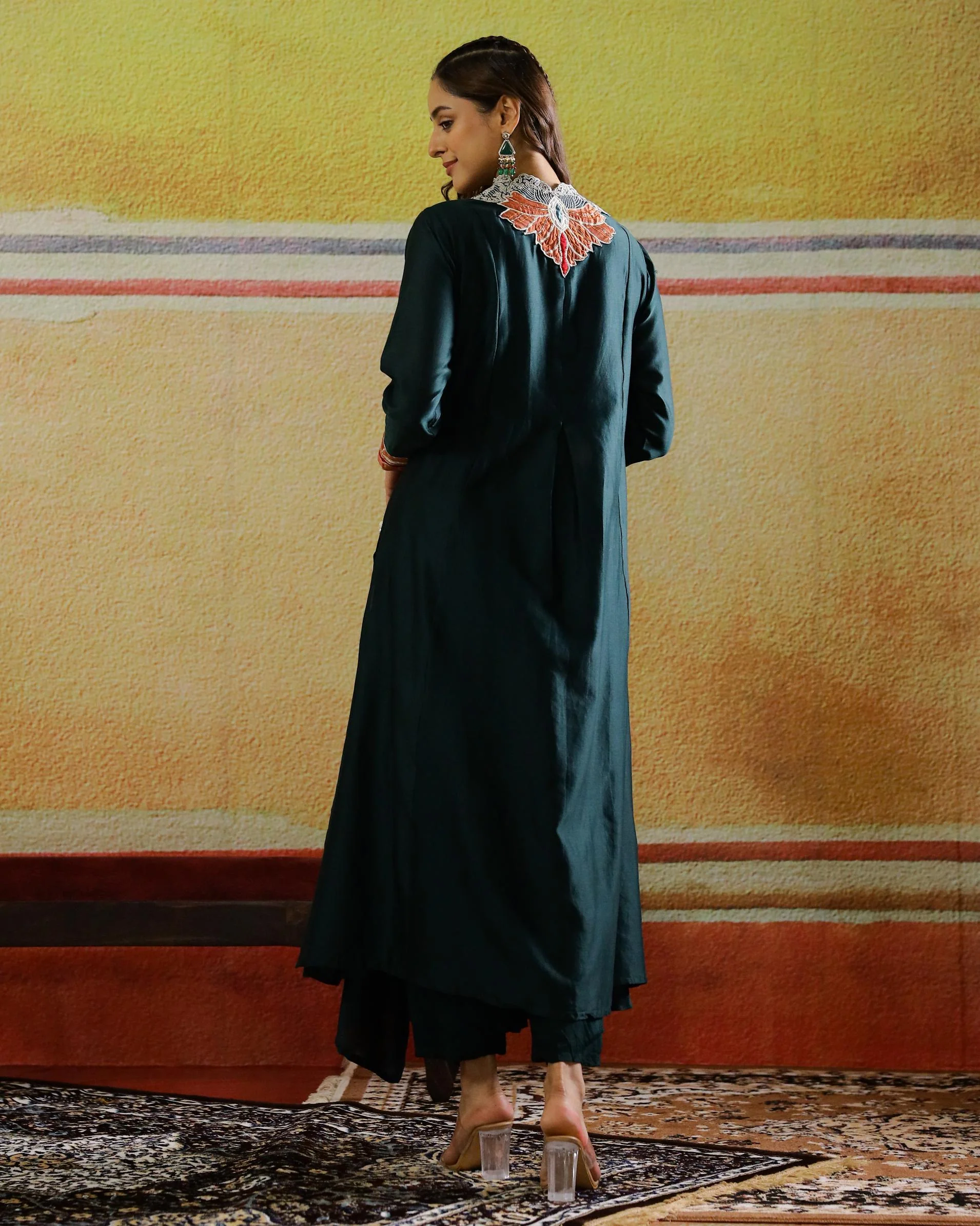 Bottle Green Embordered Spanish Silk Kurta Set - Image 5