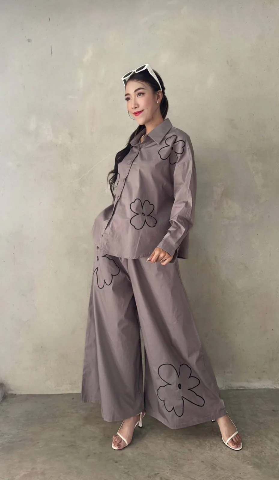 Dusty Lavender Grey Embroidered Cotton Co-Ord Set - Image 3