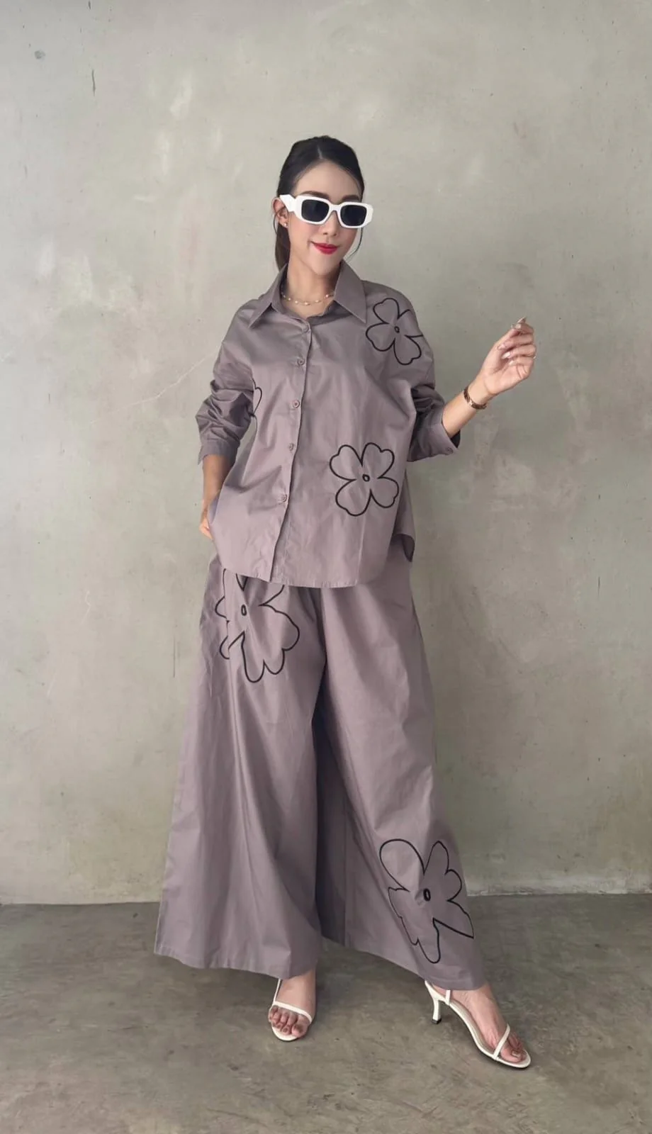 Dusty Lavender Grey Embroidered Cotton Co-Ord Set - Image 5