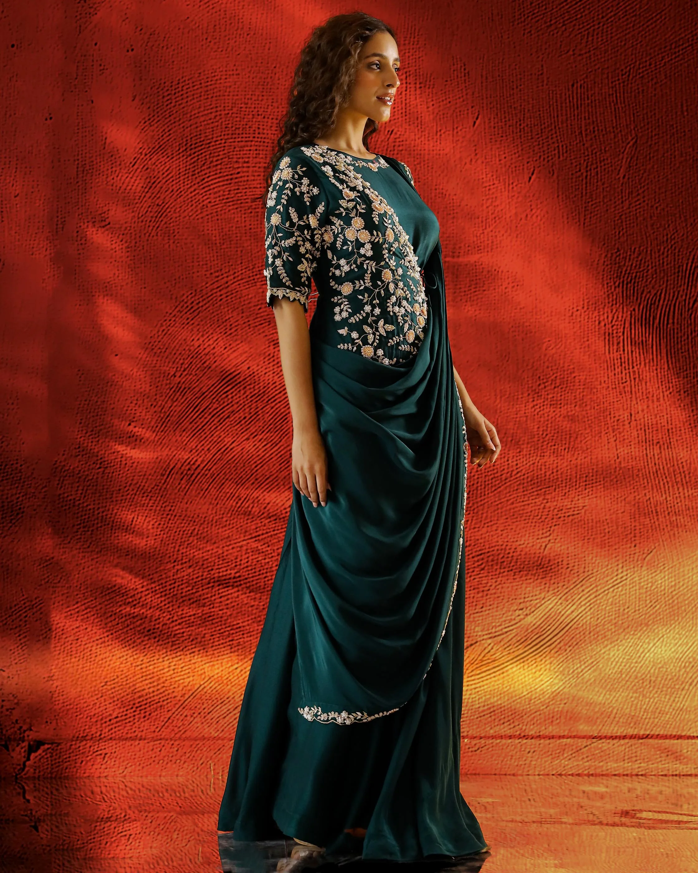 Bottle Green Embroidered Raw Silk Gown - Image 3