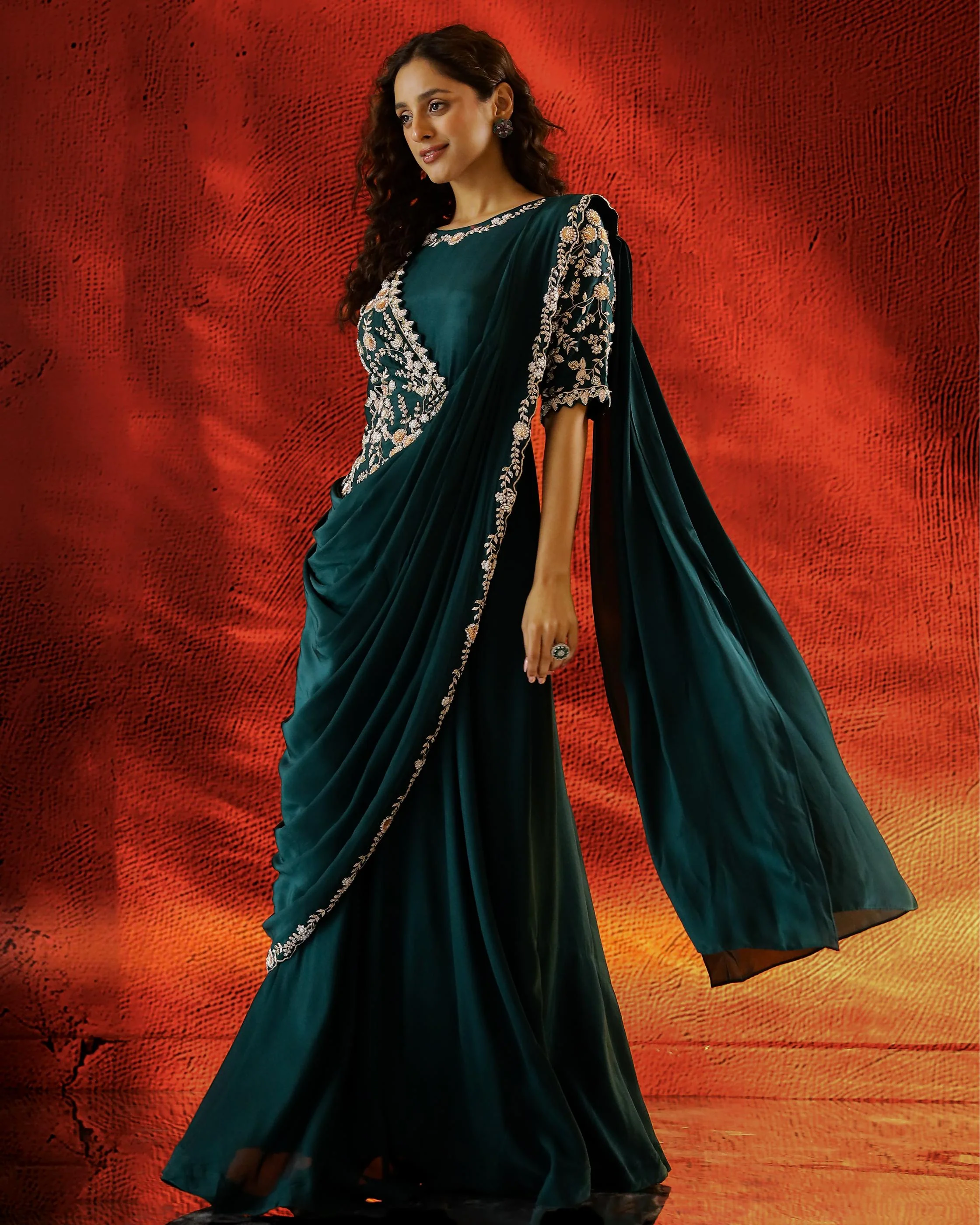 Bottle Green Embroidered Raw Silk Gown - Image 4