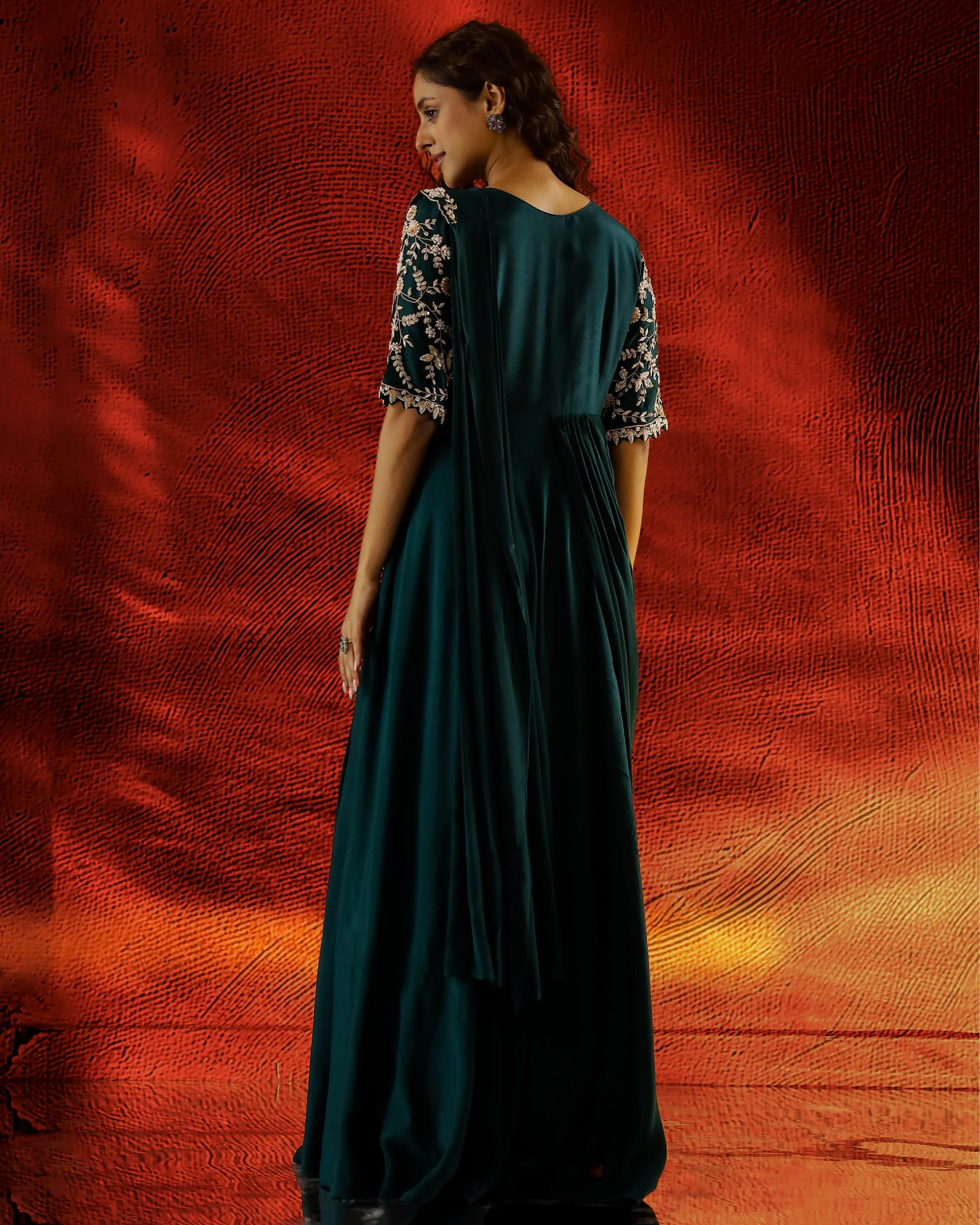 Bottle Green Embroidered Raw Silk Gown - Image 5