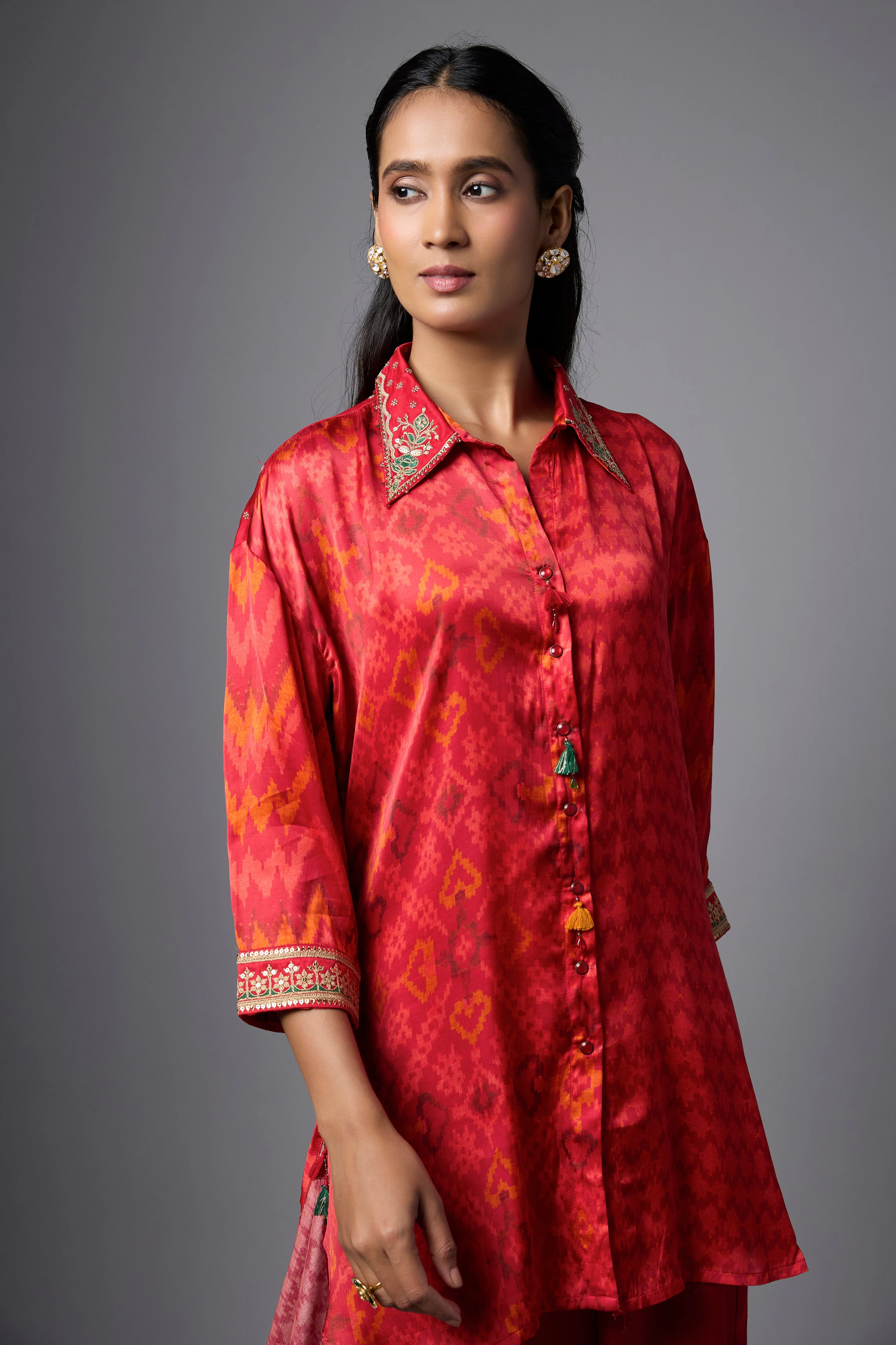 Red Printed Crepe Silk Co-Ord Set - Image 2