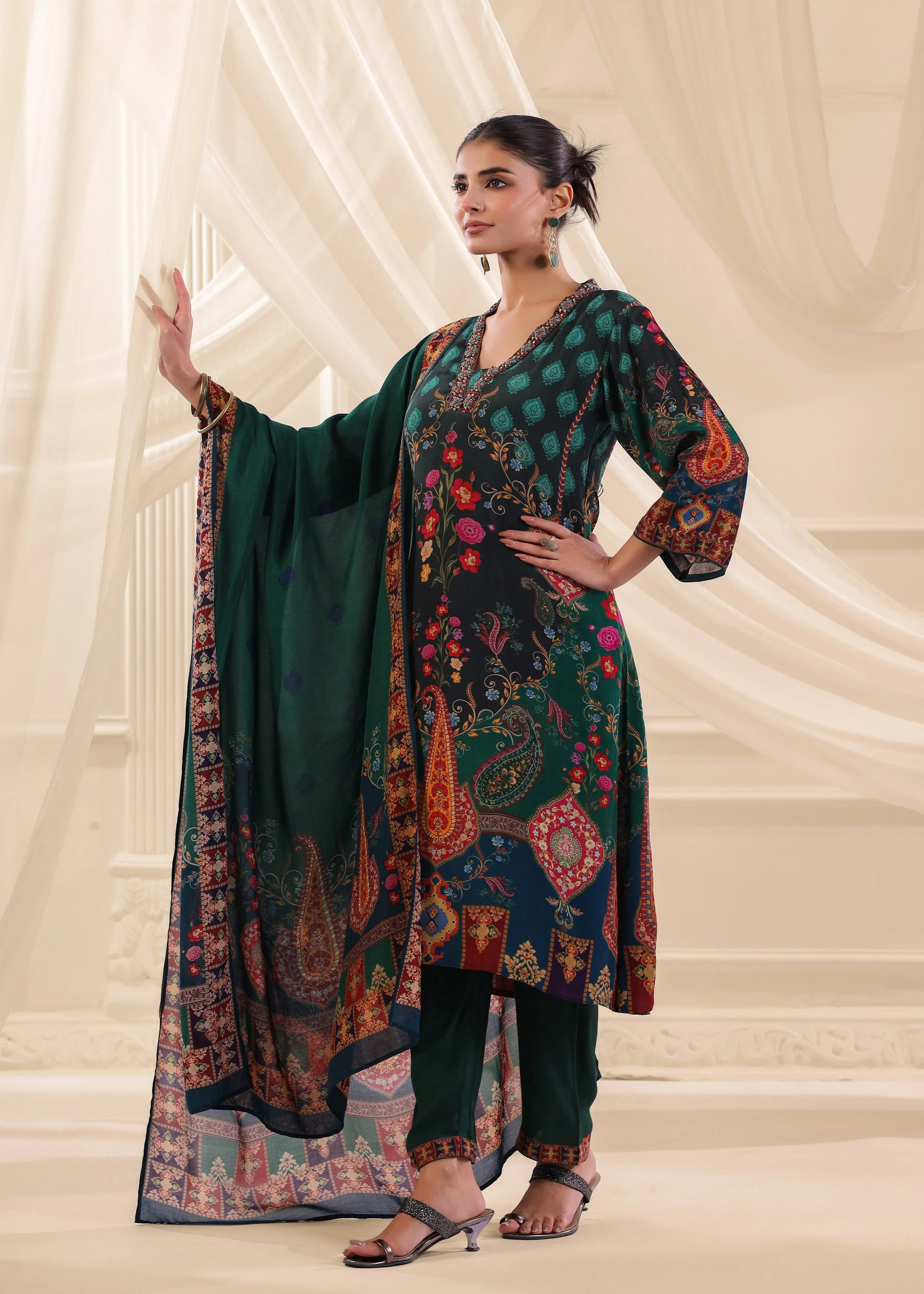 Bottle Green Printed Crepe Silk Pant Set - Image 3